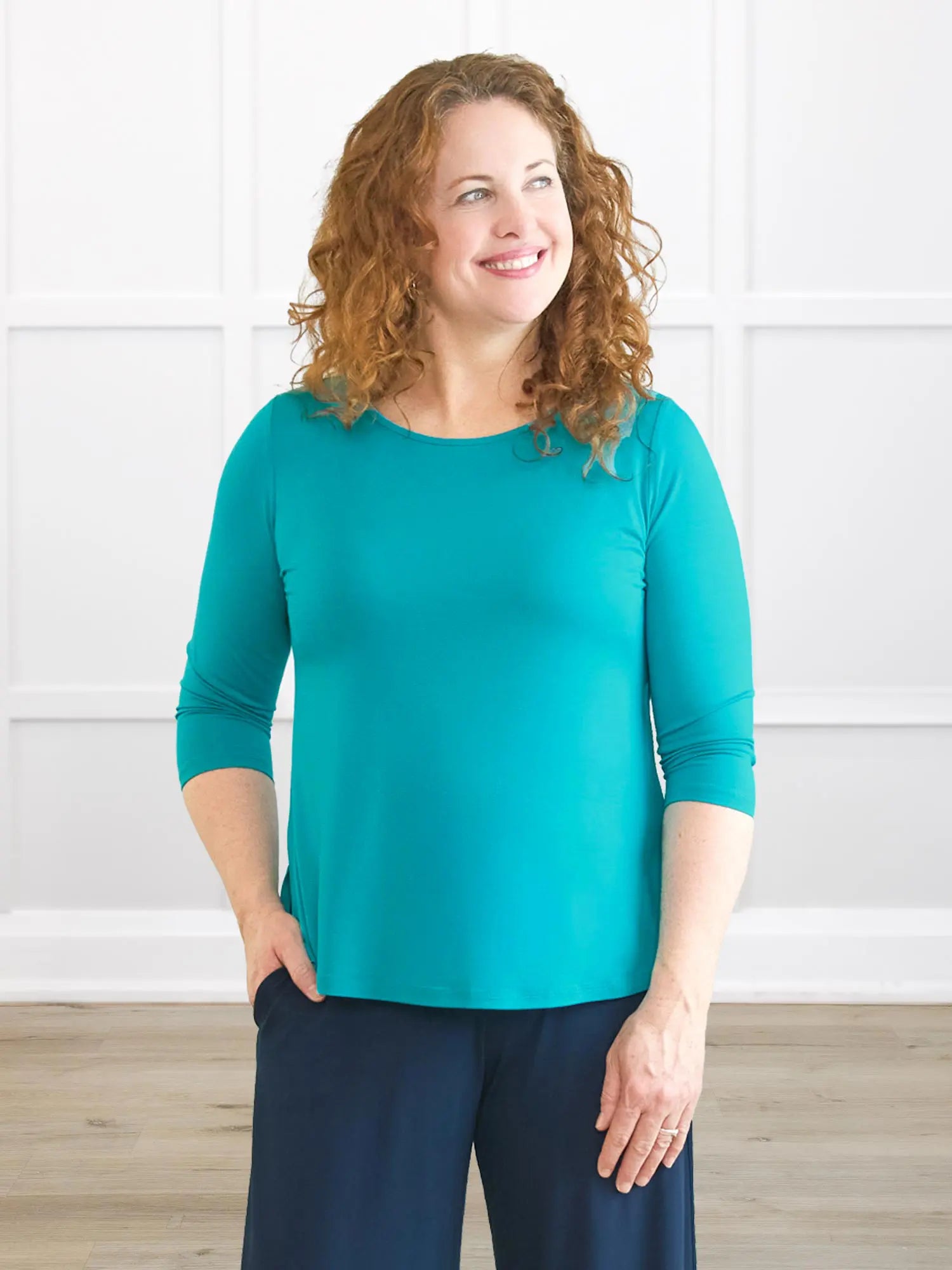 Chris sleeve scoop neck top for women in Sea glass on model Melanie, size M @Melanie-M 