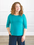 Chris sleeve scoop neck top for women in Sea glass on model Melanie, size M @Melanie-M 