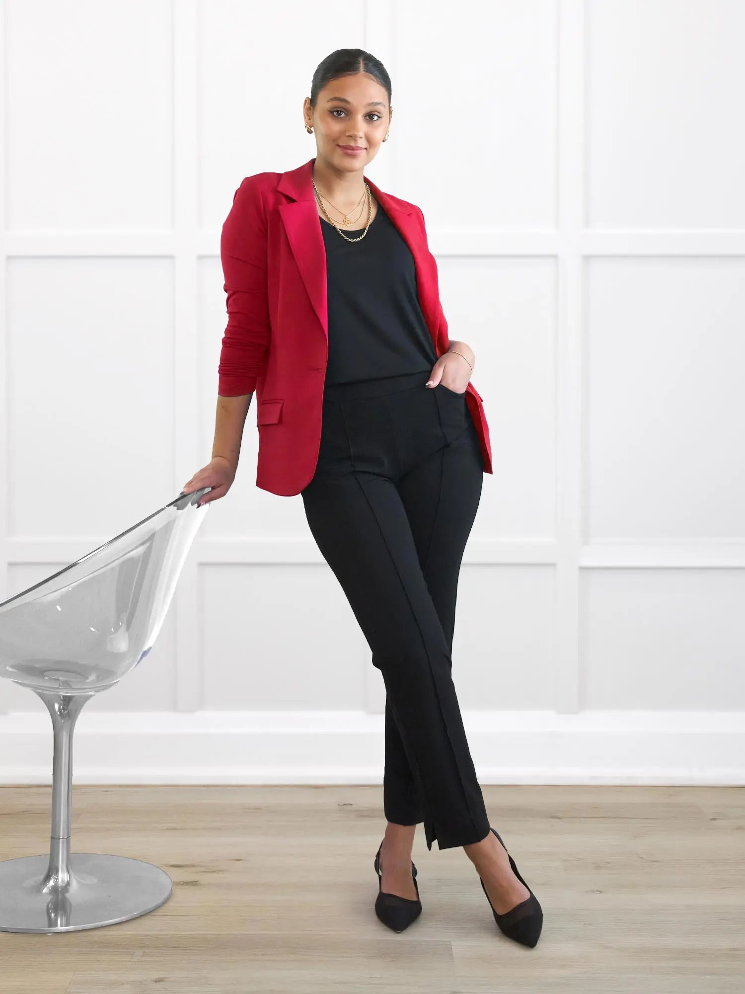 Christal pull on pintuck ankle pant in Black on model Meron, size XS Regular @Meron-XS-regular 