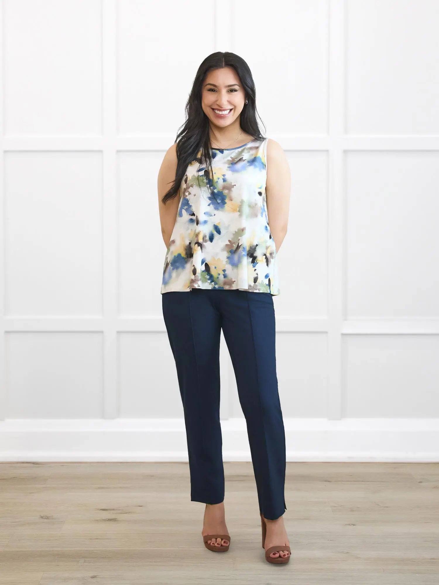 Christal pull on pintuck ankle pant in Navy on model Yasmine, size XS Petite @Yasmine-XS-petite 