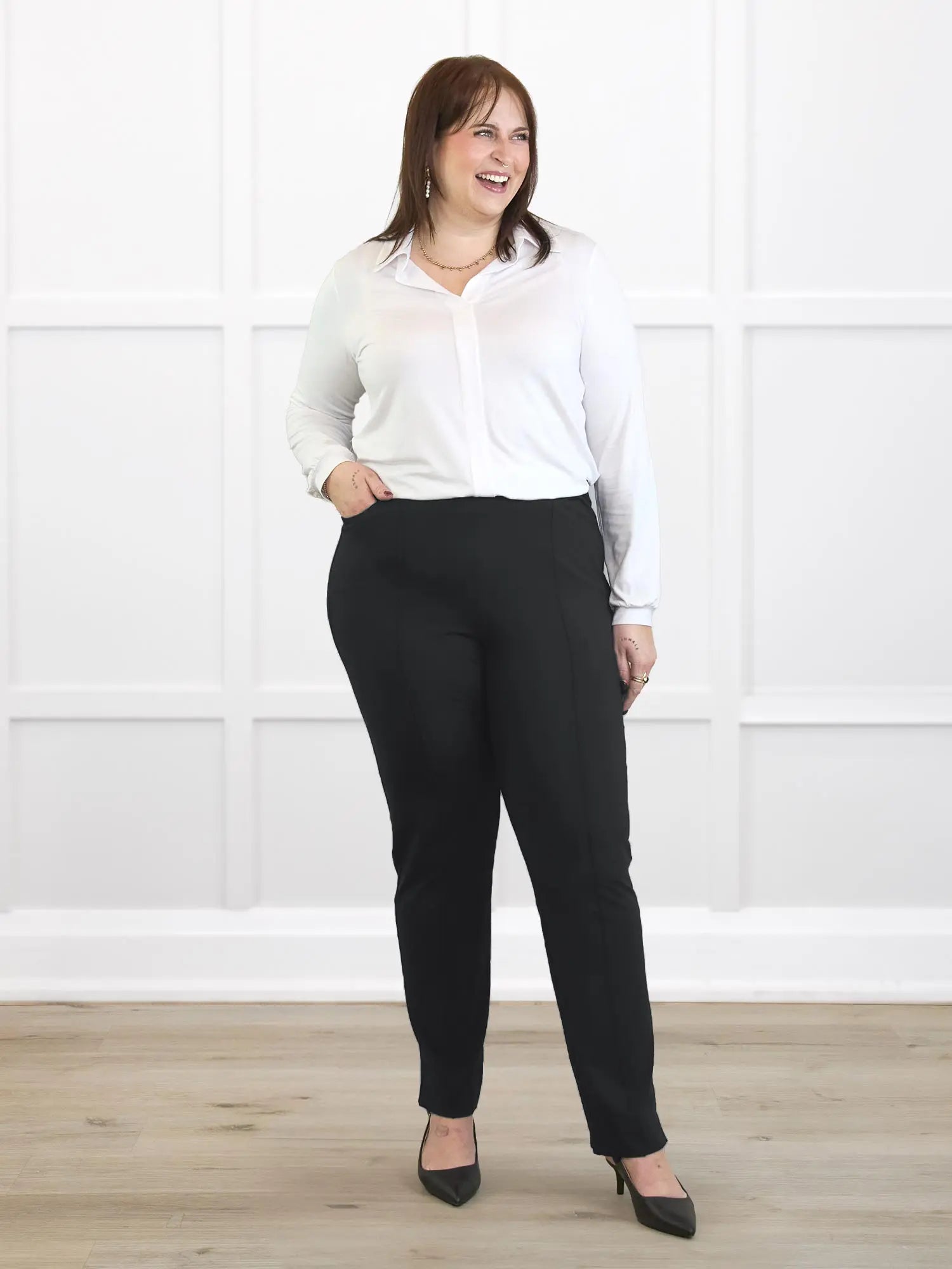 Christal pull on pintuck ankle pant in Black on model Kaitlin, size XL Regular @Kaitlin-XL-regular 