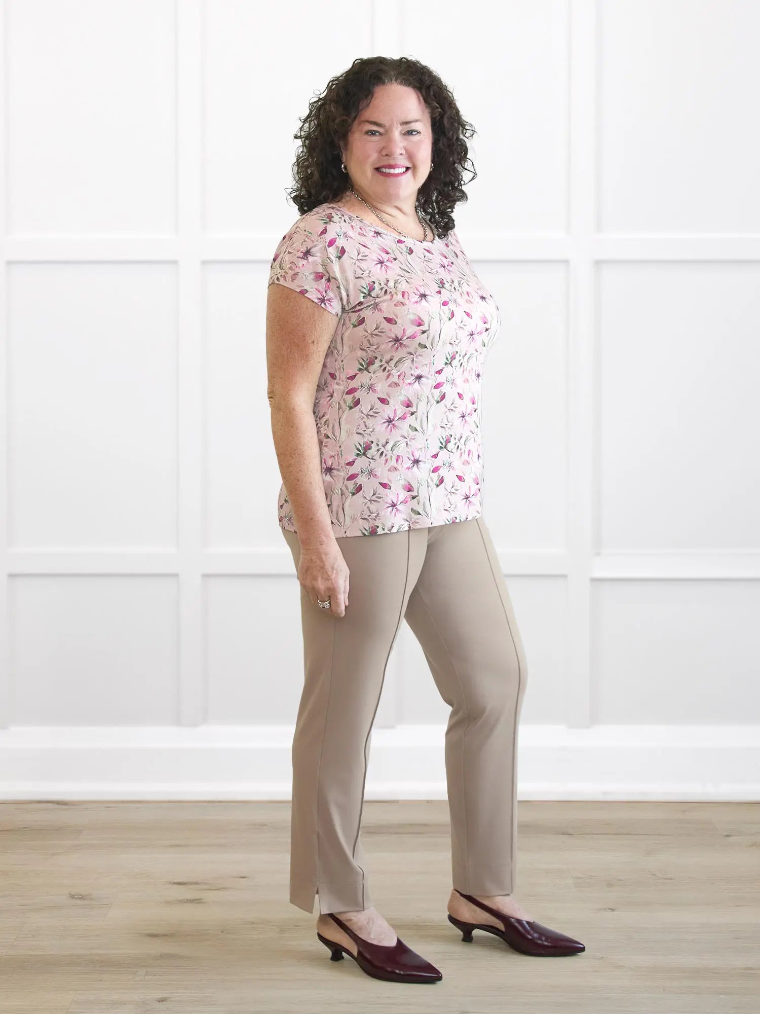 Christal pull on pintuck ankle pant in Portobello on model Kerri, size M Petite @Kerri-M-petite 
