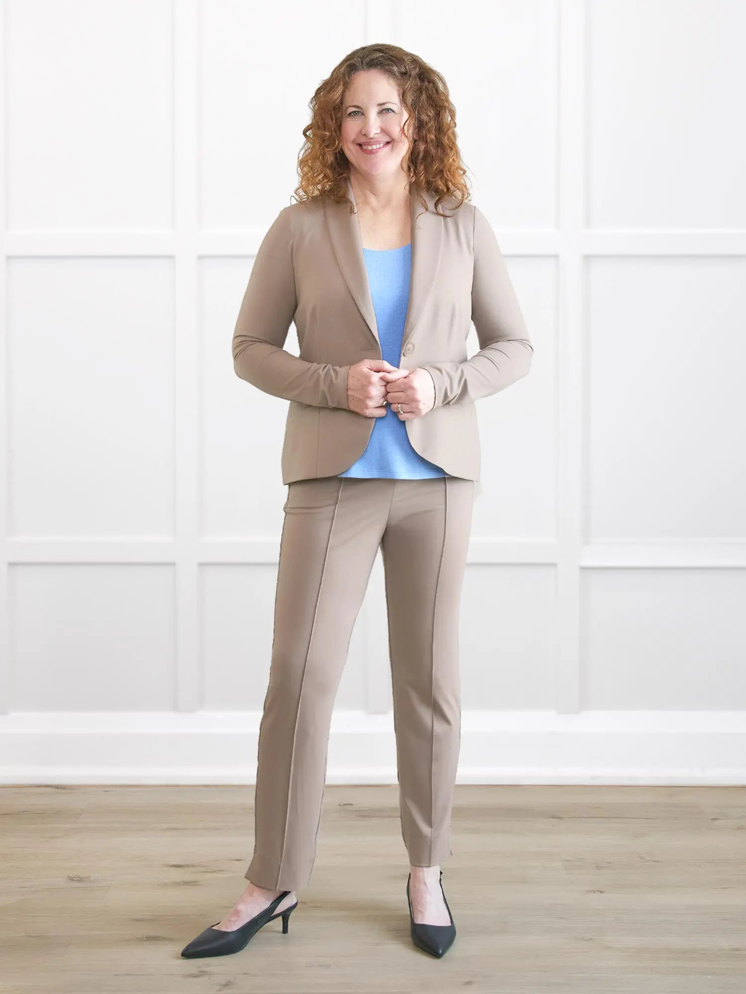 Christal pull on pintuck ankle pant in Portobello on model Melanie, size M Regular @Melanie-M-regular 