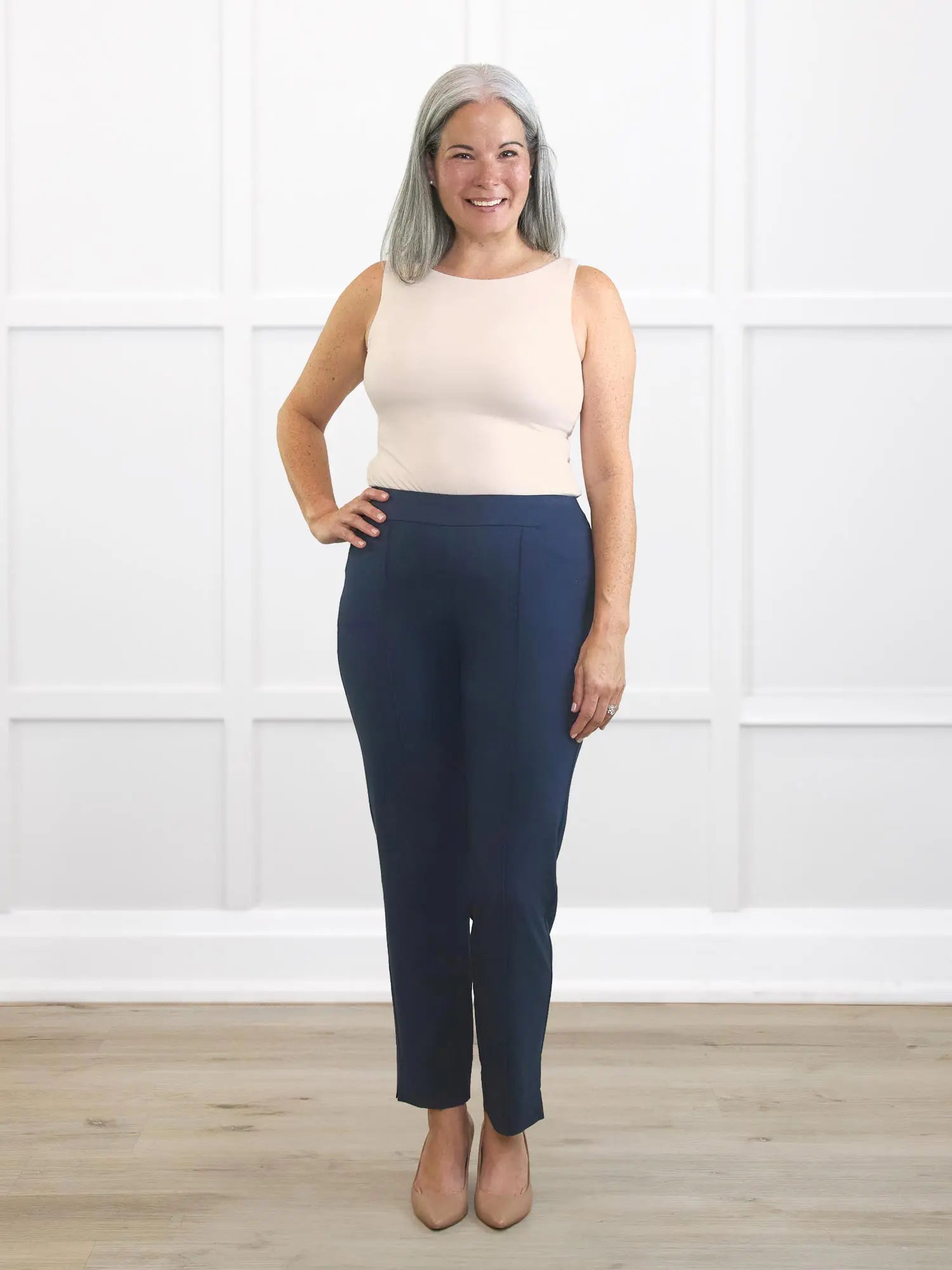Christal pull on pintuck ankle pant in Navy on model Kerri, size S Regular @Kerri-S-regular 