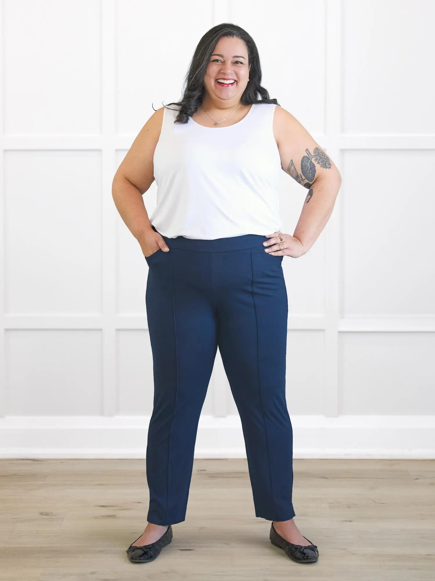 Christal pull on pintuck ankle pant in Navy on model Sarita, size XXL Regular @Sarita-XXL-regular 