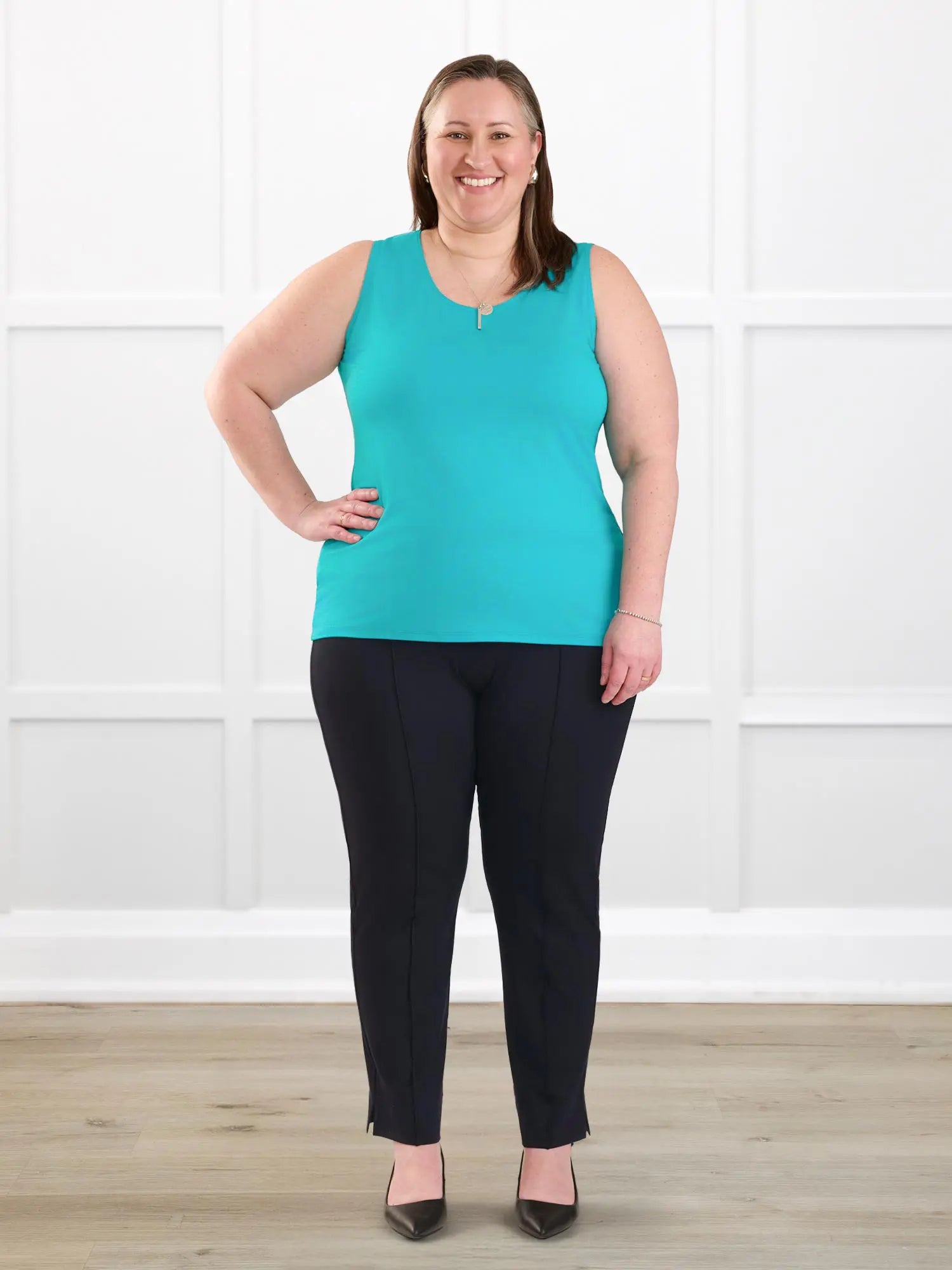 Christal pull on pintuck ankle pant for women in Black on model Cristina, size XXL Regular @Cristina-XXL-regular 