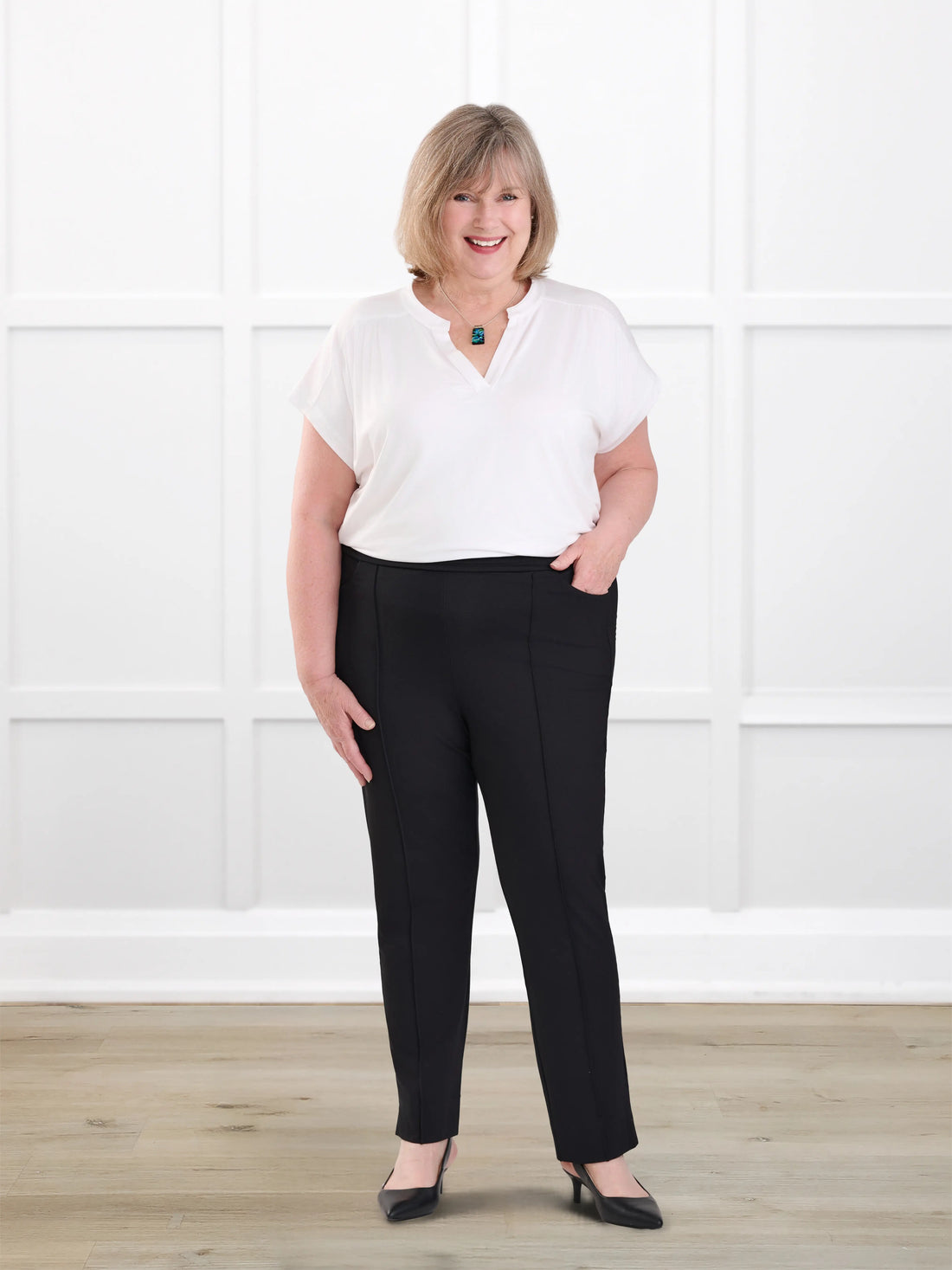 Christal pull on pintuck ankle pant for women in Black on model Laurie, size XXL Petite @Laurie-XXL-petite 