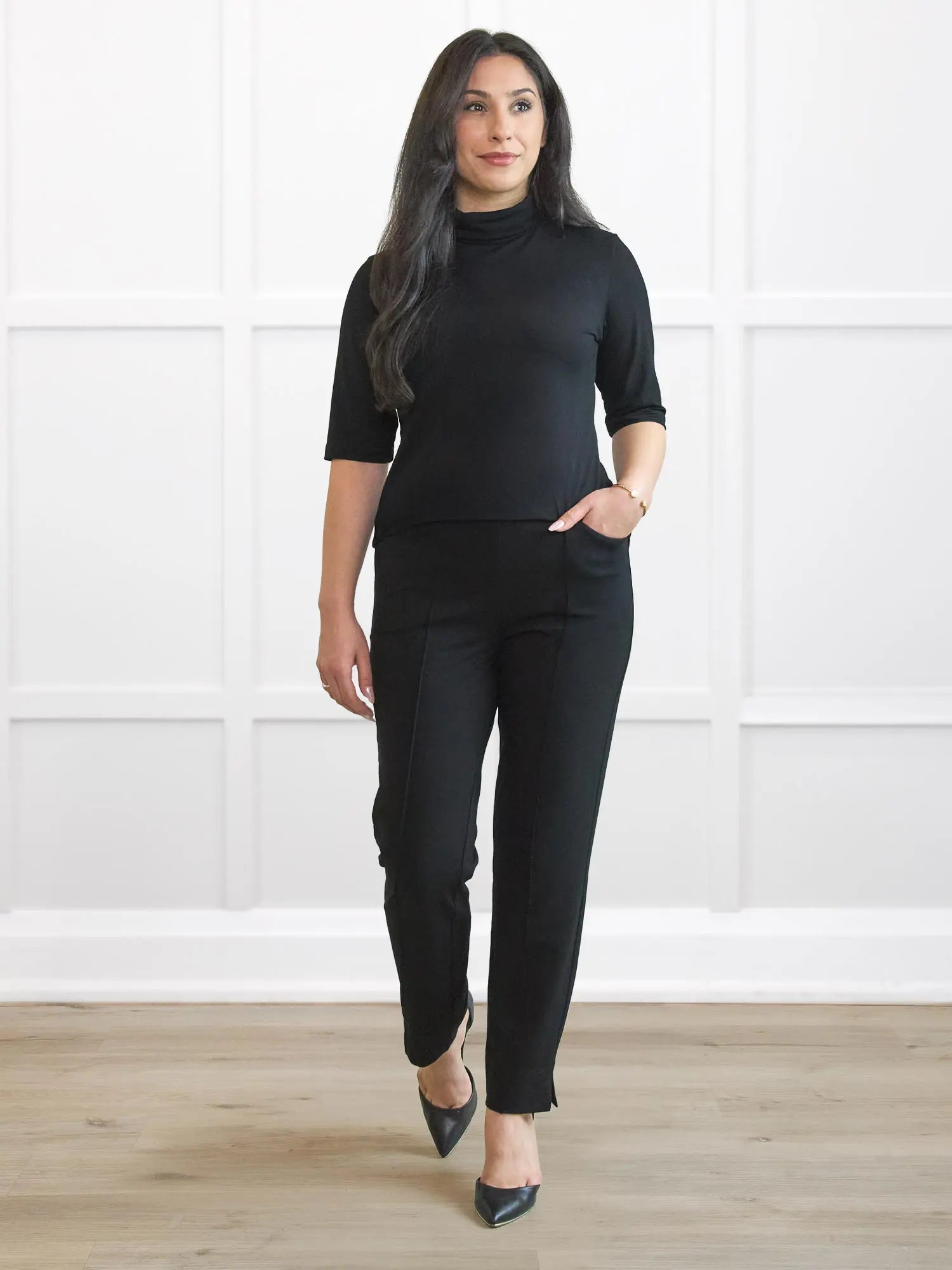 Christal pull on pintuck ankle pant for women in Black on model Yasmine, size XS Petite @Yasmine-XS-petite 