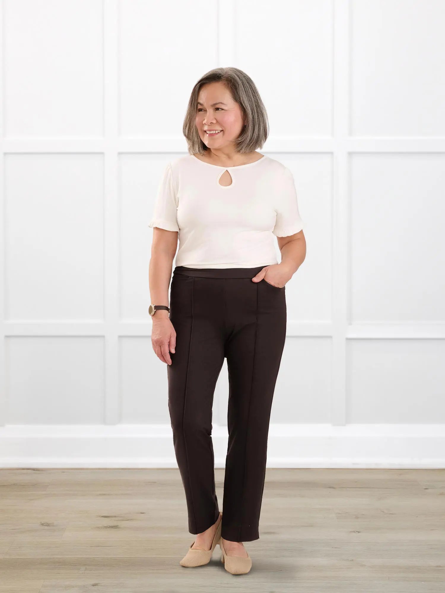 Christal pull on pintuck ankle pant for women in Dark chocolate on model Terry, size S Petite @Terry-S-petite 