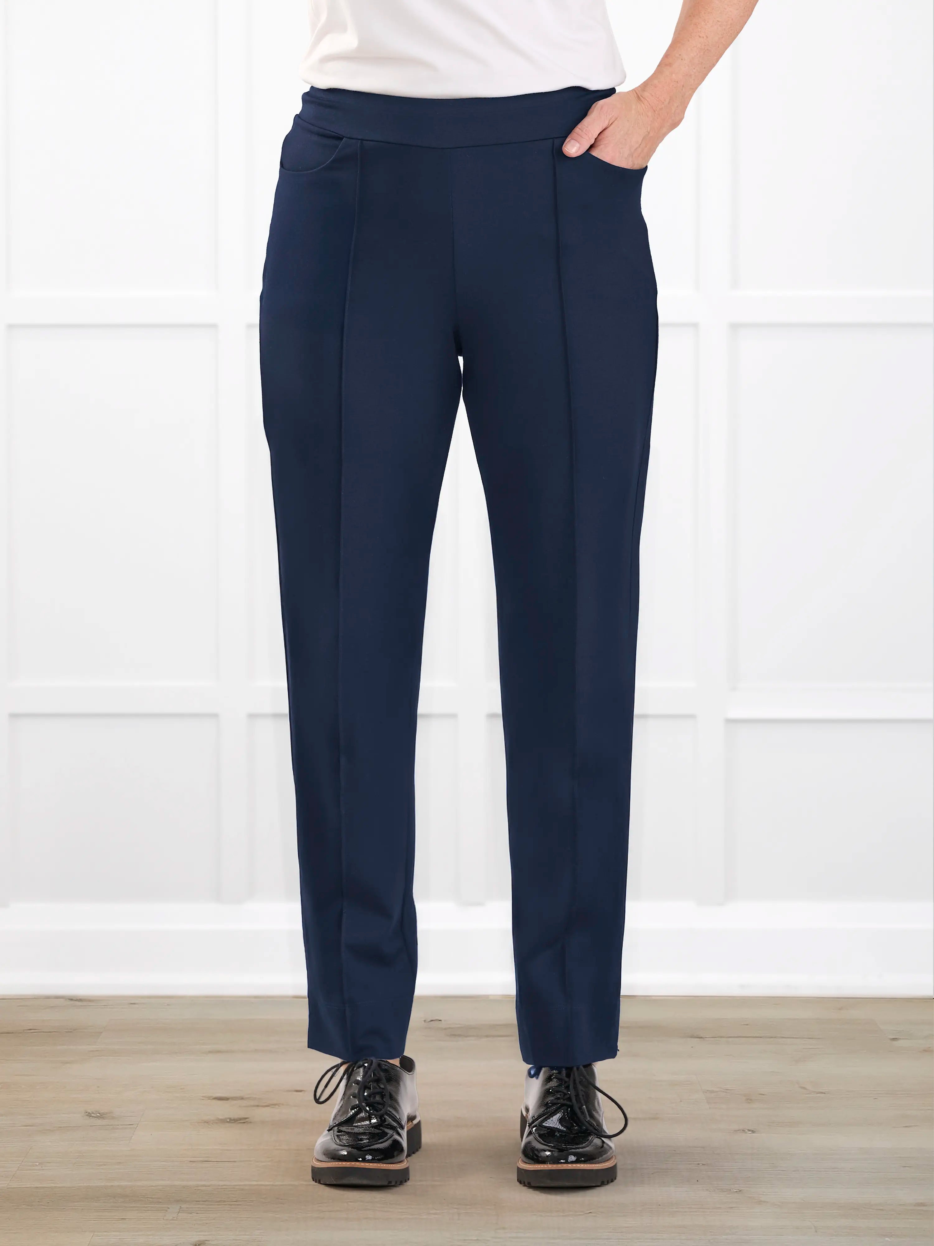 Christal pull on pintuck ankle pant for women in Navy 
