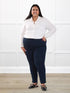 Christal pull on pintuck ankle pant for women in Navy on model Sureka, size 3X @Sureka-3x 