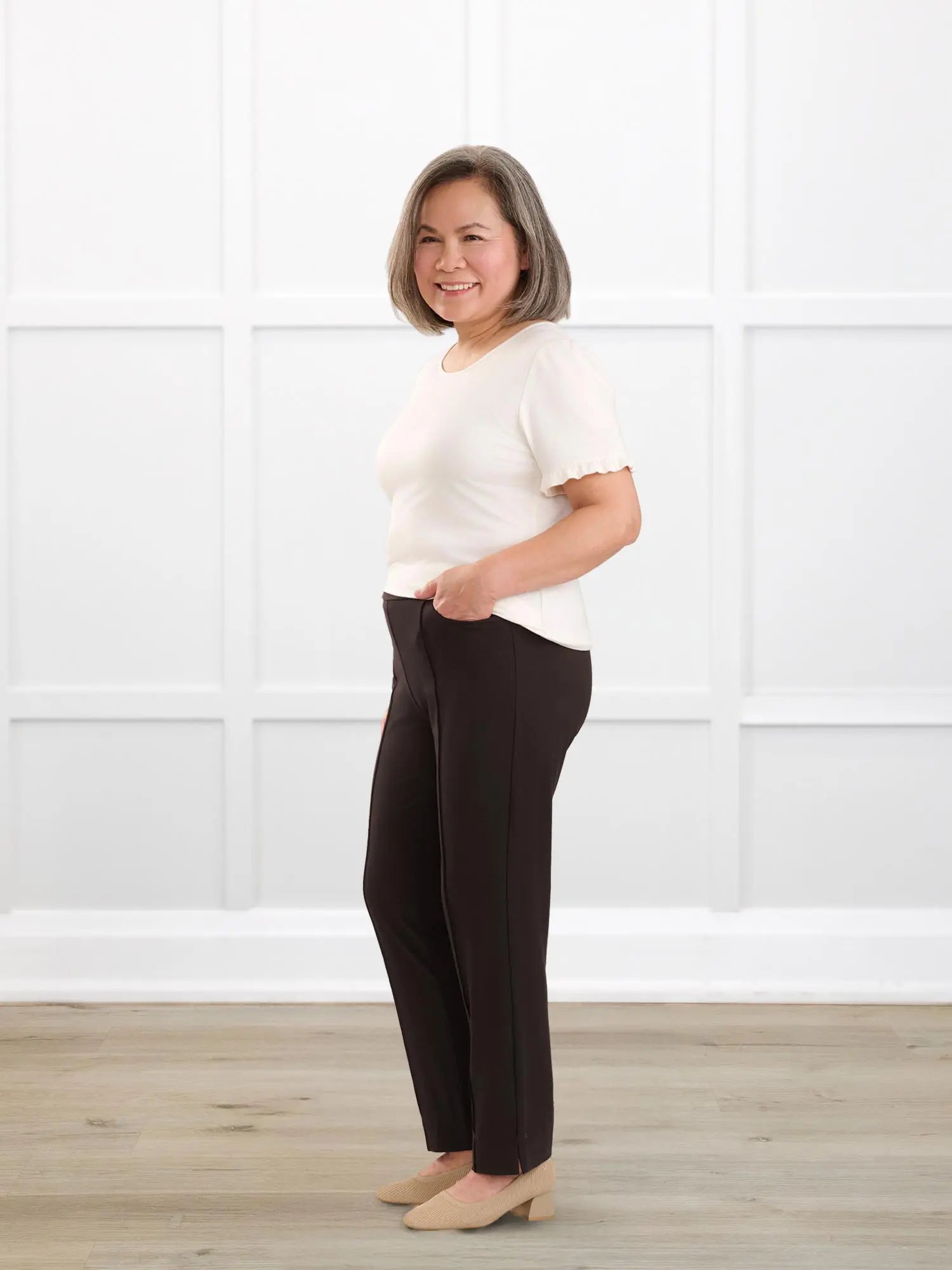 Christal pull on pintuck ankle pant for women in Dark chocolate on model Terry, size S Petite @Terry-S-petite 