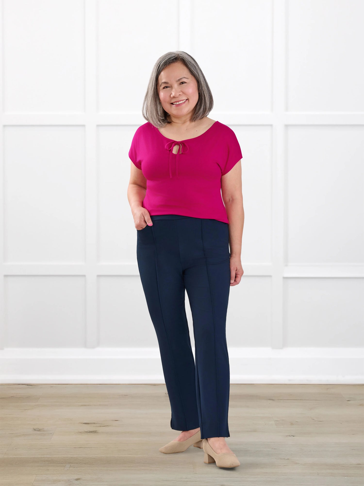 Christal pull on pintuck ankle pant in Navy on model Terry, size S Petite @Terry-S-petite 