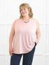 Codi reversible neckline flowy tank for women in Ballet pink on model Kelly, size 3X @Kelly-3X 