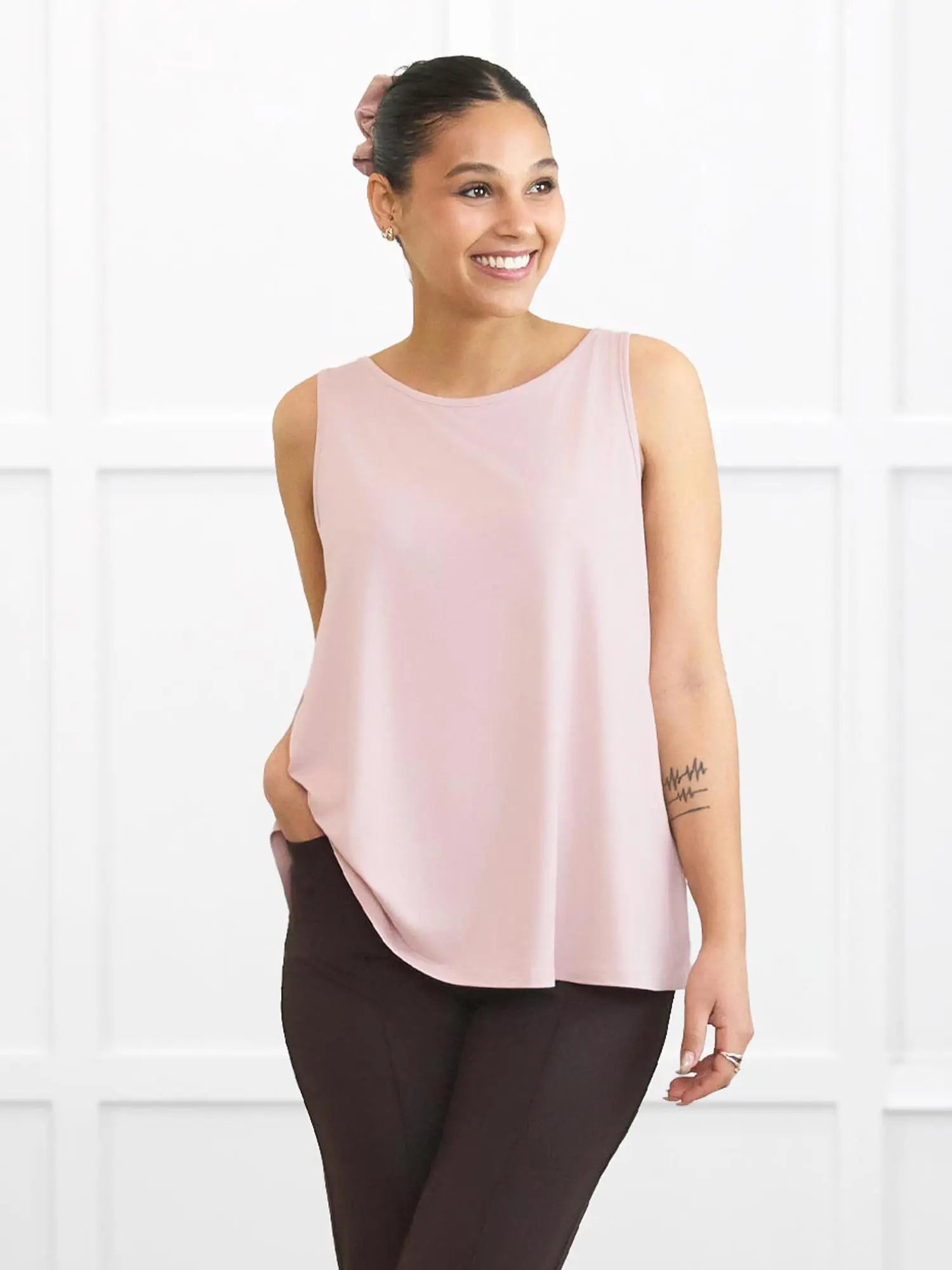 Codi reversible neckline flowy tank for women in Ballet pink on model Meron, size XS Regular @Meron-XS-regular 