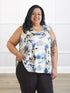 Codi reversible neckline flowy tank for women in Morning dew on model Sarita, size 2X @Sarita-2X 