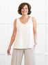 Codi reversible neckline flowy tank for women in Natural on model Donna, size S @Donna-S 