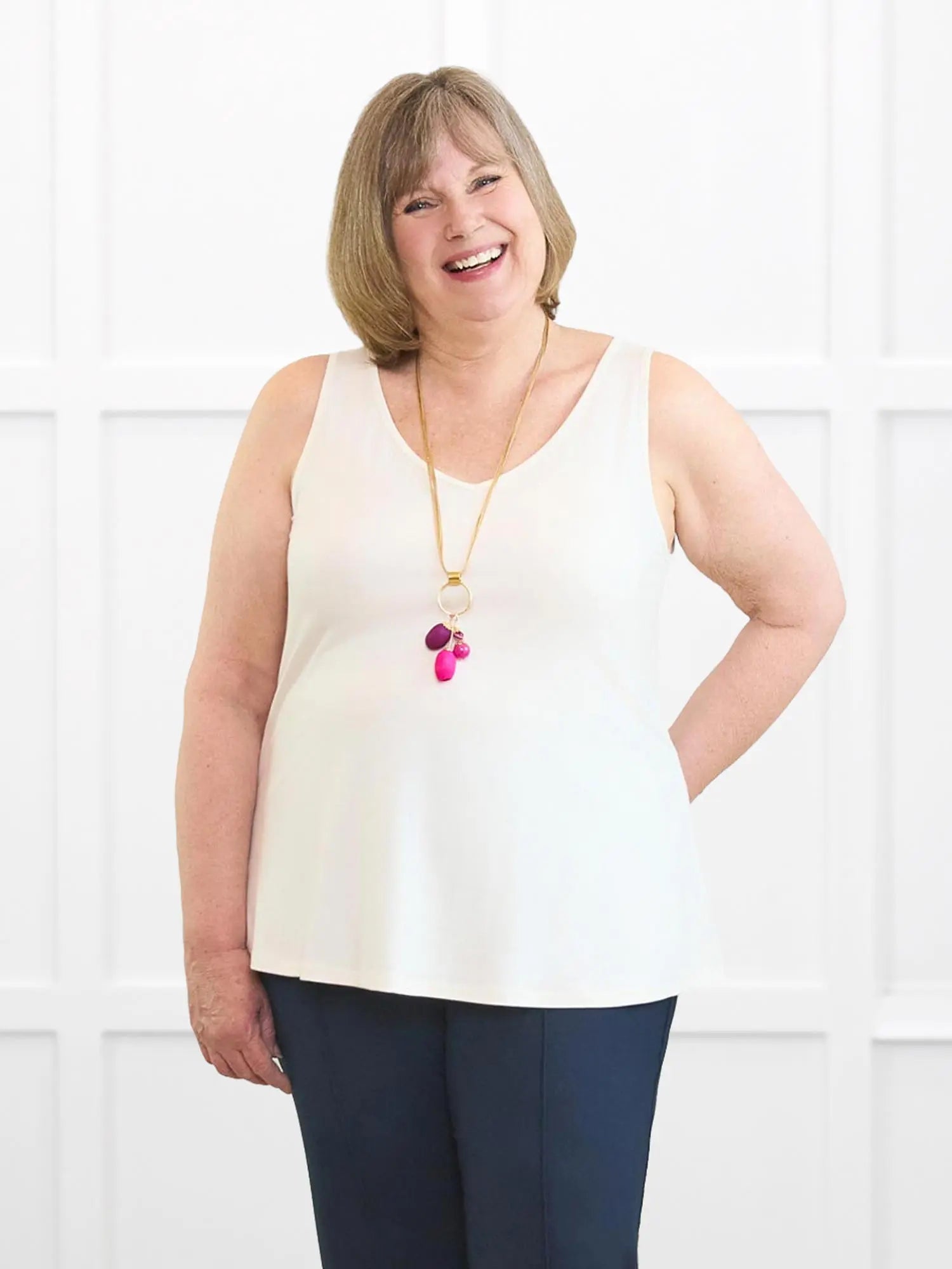 Codi reversible neckline flowy tank for women in Natural on model Laurie, size XL @Laurie-XL 
