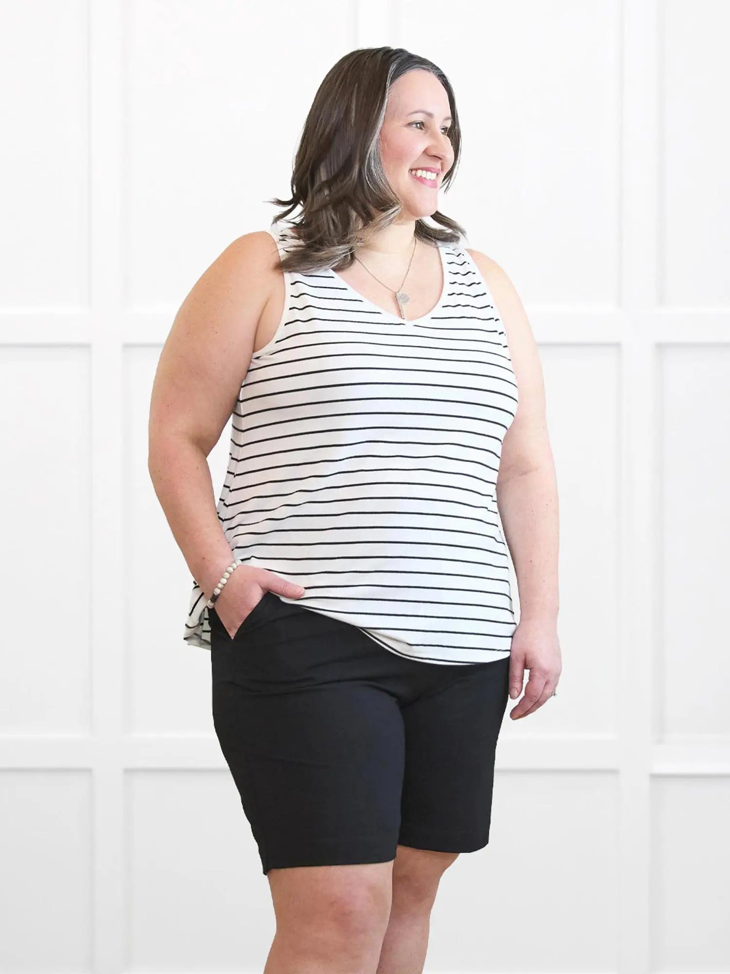 Codi reversible neckline flowy tank for women 00 in Newport stripe on model Cristina, size XXL @Cristina-XXL-regular 