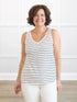 Codi reversible neckline flowy tank for women 00 in Newport stripe on model Donna, size S @Donna-S-regular 