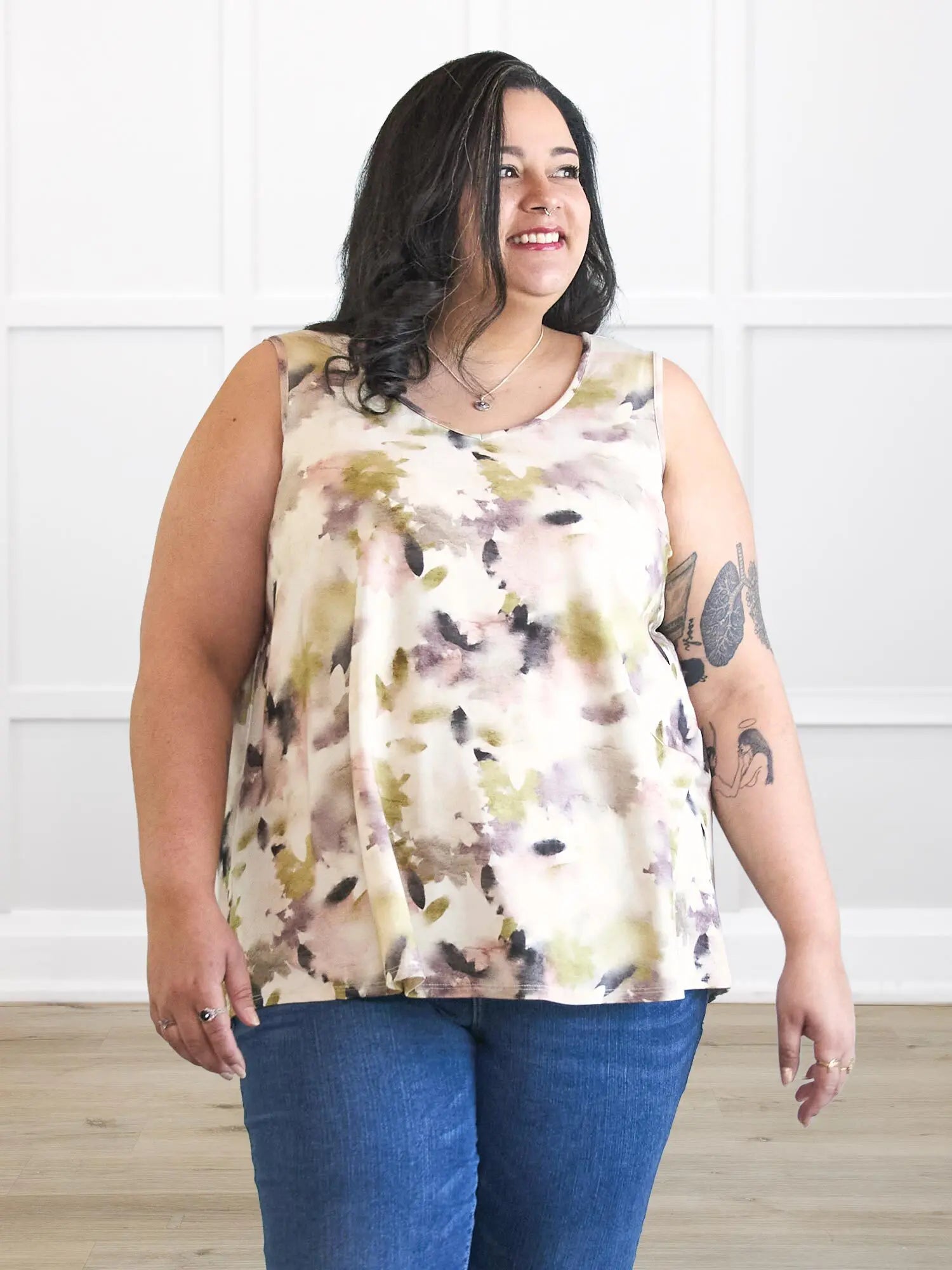 Codi reversible neckline flowy tank for women in Rosewater on model Sarita, size 2X @Sarita-2X 