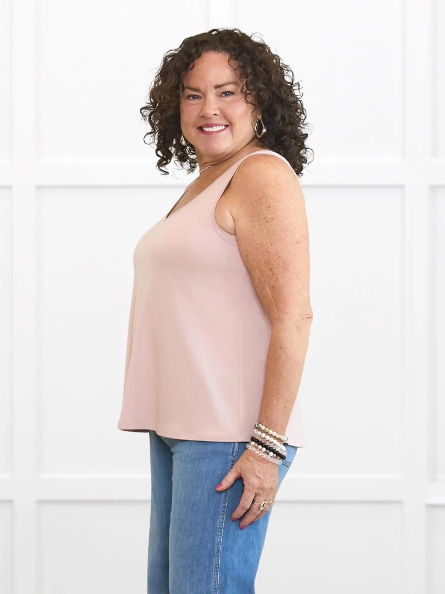 Codi reversible neckline flowy tank for women in Ballet pink on model Kerri, size M Petite @Kerri-M-petite 