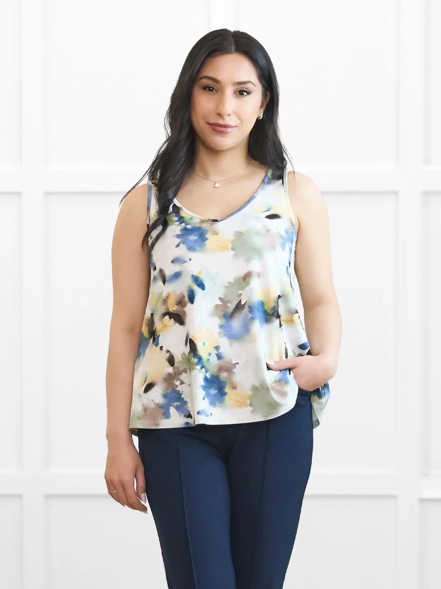Codi reversible neckline flowy tank for women in Morning dew on model Yasmine, size XS @Yasmine-XS-petite 