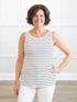 Codi reversible neckline flowy tank for women in Newport stripe on model Donna, size S @Donna-S-regular 