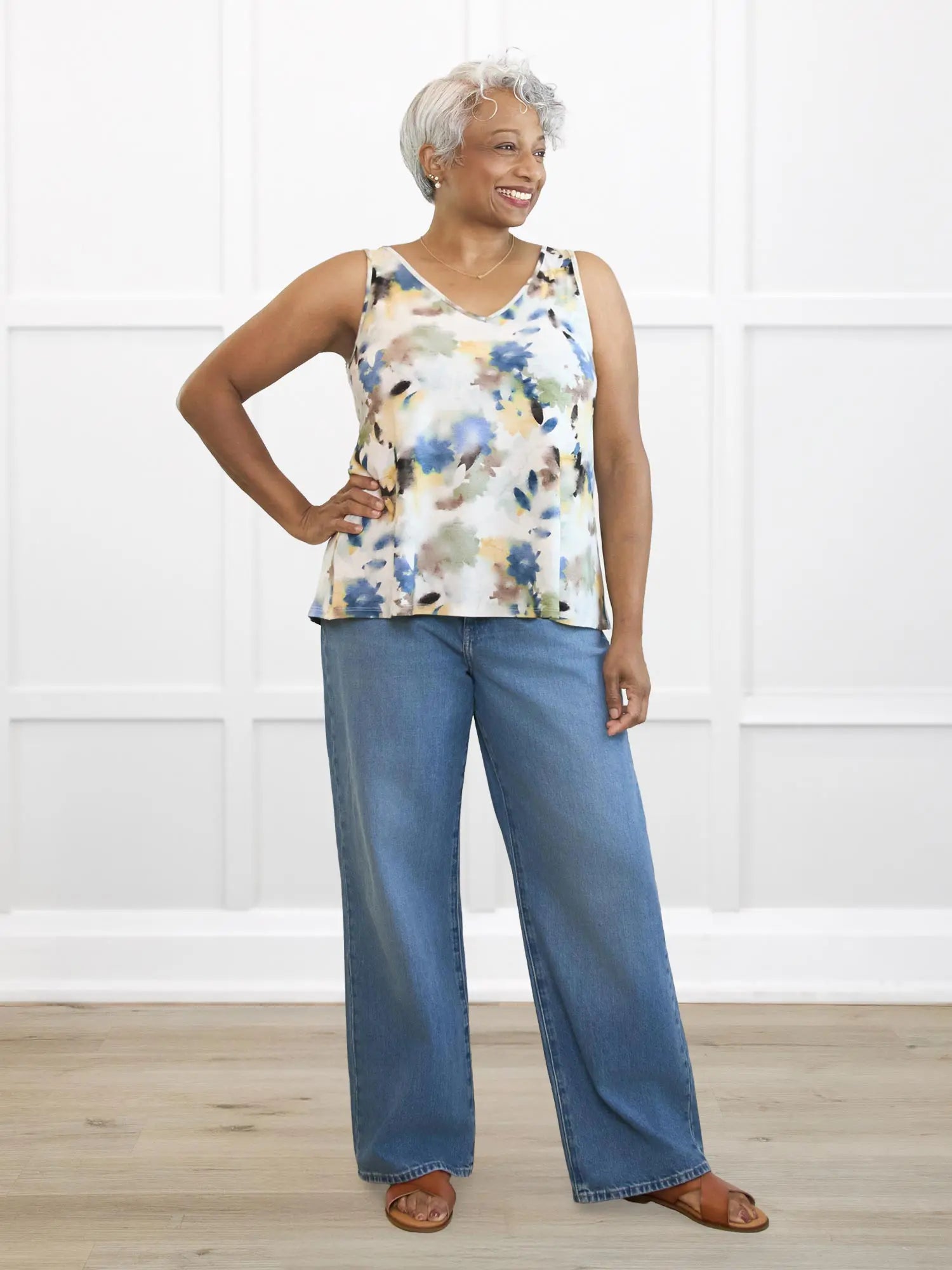 Codi reversible neckline flowy tank for women in Morning dew on model Keethai, size M @Keethai-M-regular 