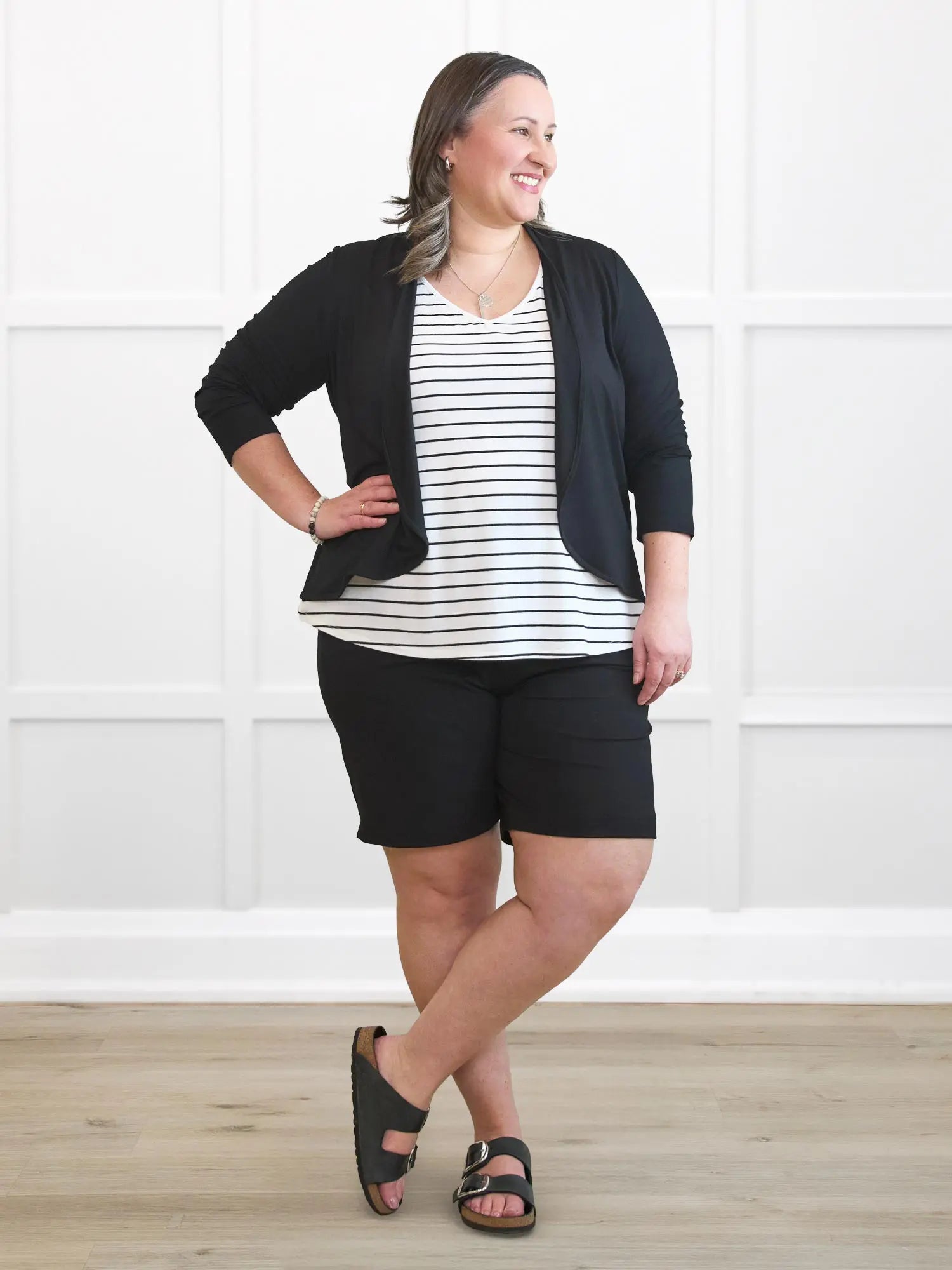 Codi reversible neckline flowy tank for women in Newport stripe on model Cristina, size XXL @Cristina-XXL-regular 