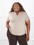 Cynthia band collar blouse for women in Portobello on model Kimesha, size 3X @Kimesha-3x 