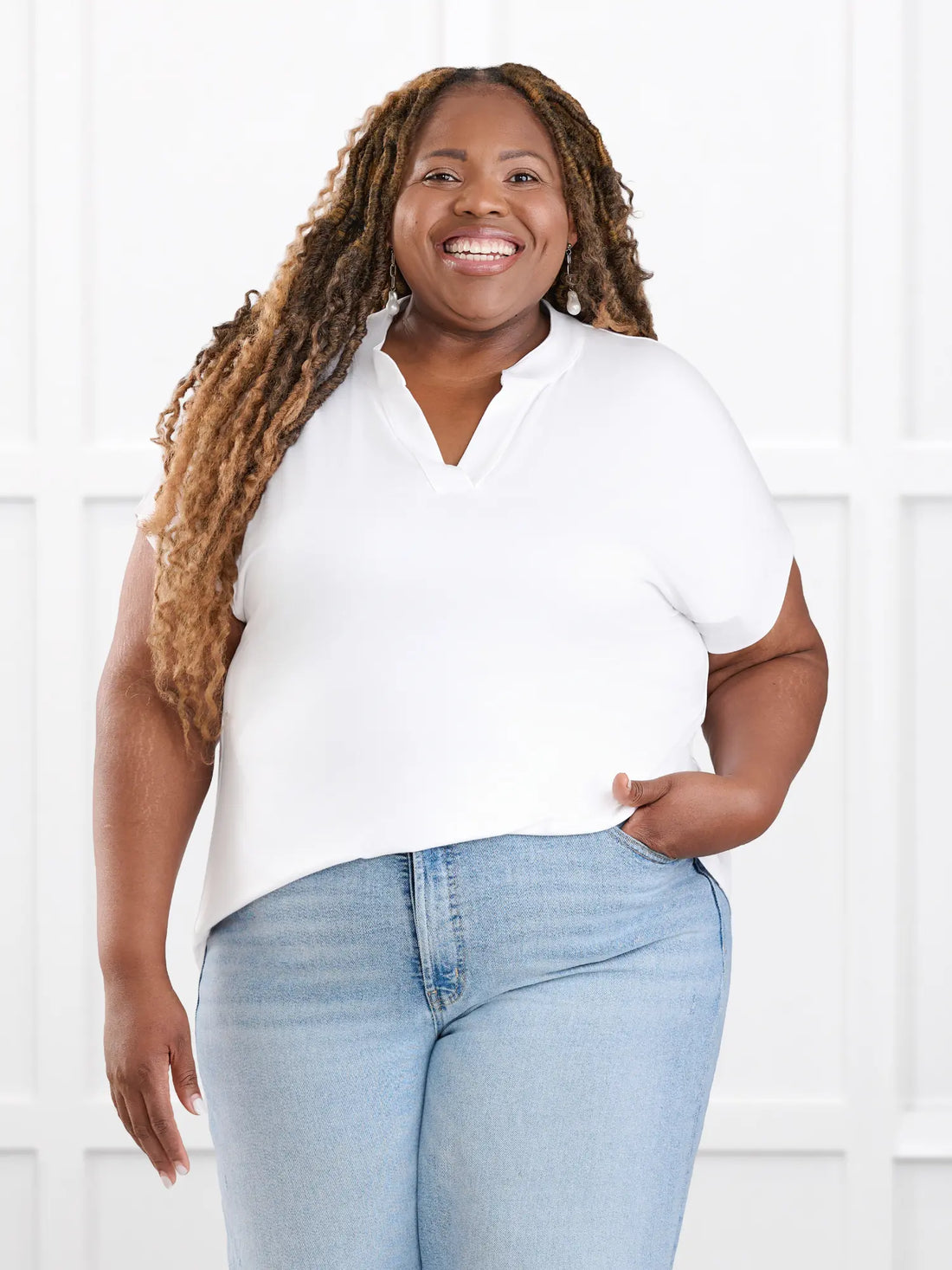 Cynthia band collar blouse for women in White on model Kimesha, size 3X @Kimesha-3x 