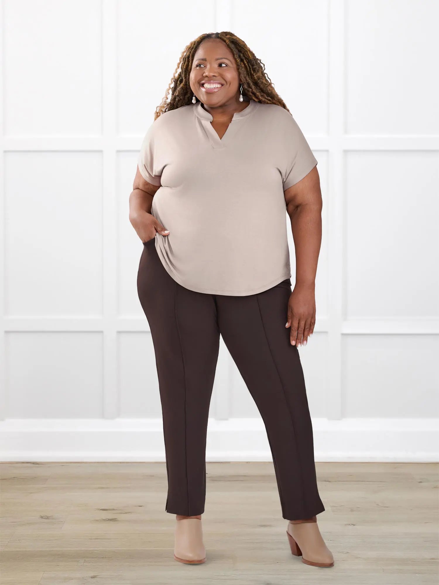 Cynthia band collar blouse for women in Portobello on model Kimesha, size 3X @Kimesha-3x 