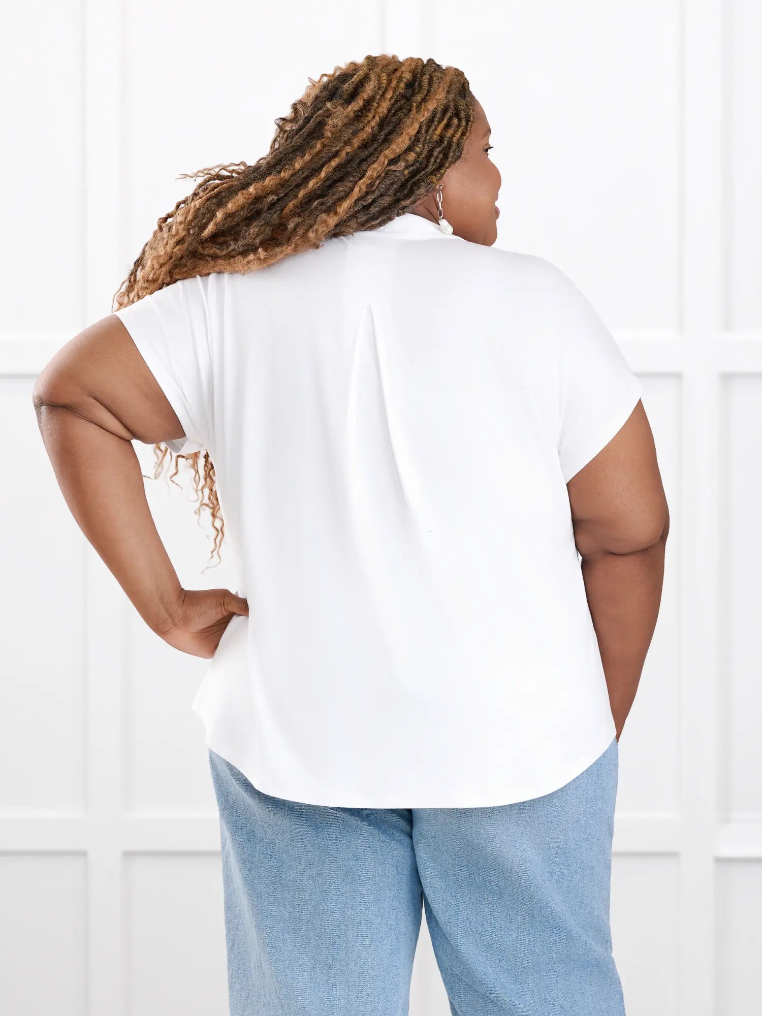 Cynthia band collar blouse for women in White on model Kimesha, size 3X @Kimesha-3x 