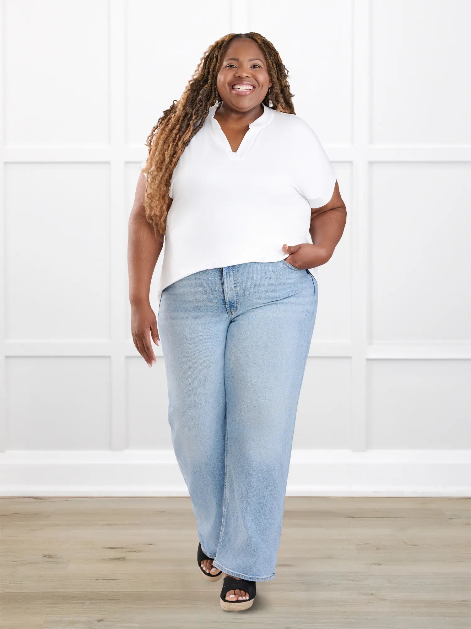 Cynthia band collar blouse for women in White on model Kimesha, size 3X @Kimesha-3x 