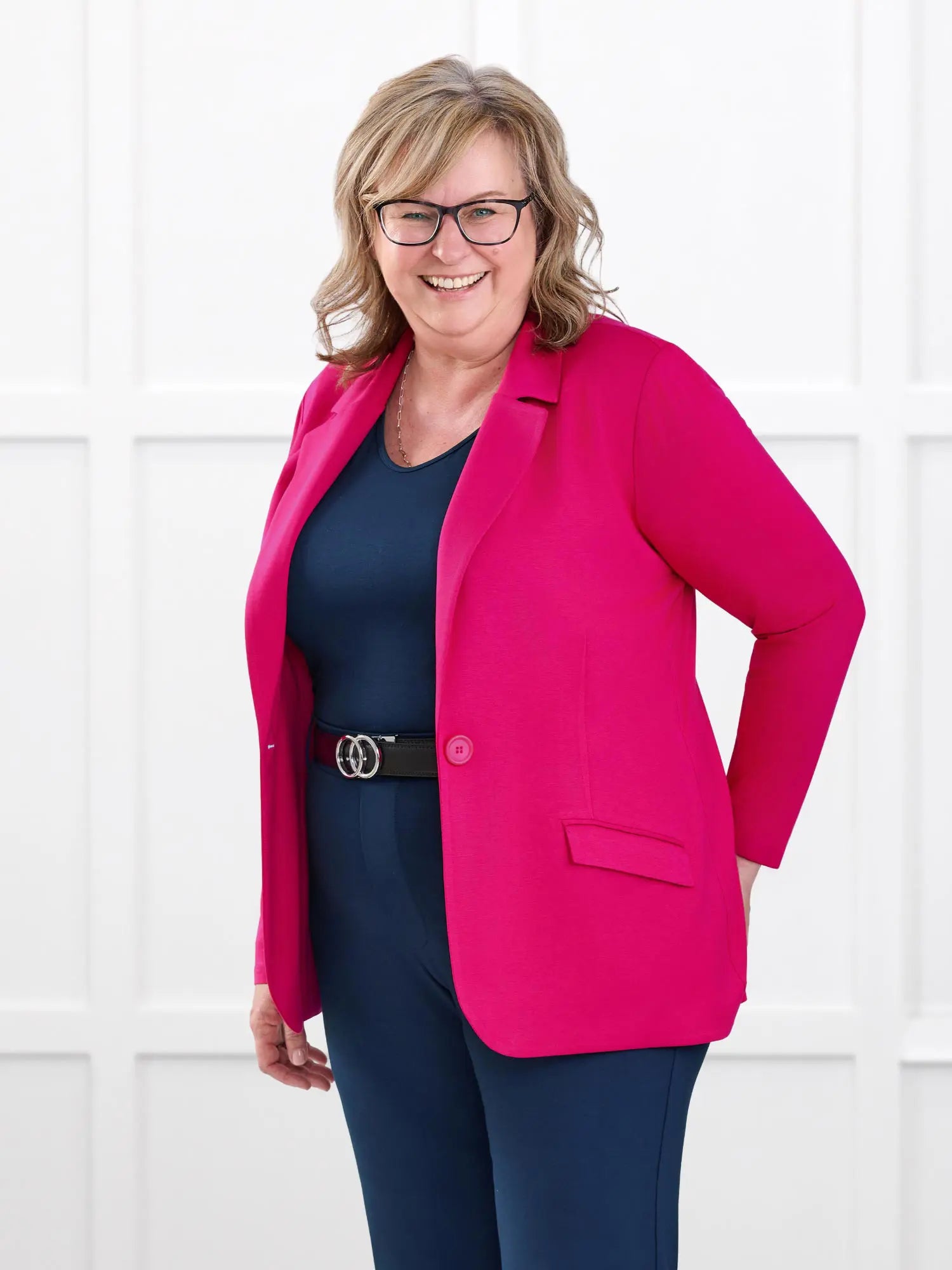 Danica lightweight tailored blazer for women in Dragon fruit on model Deb, size XL Regular @Deb-XL-regular 