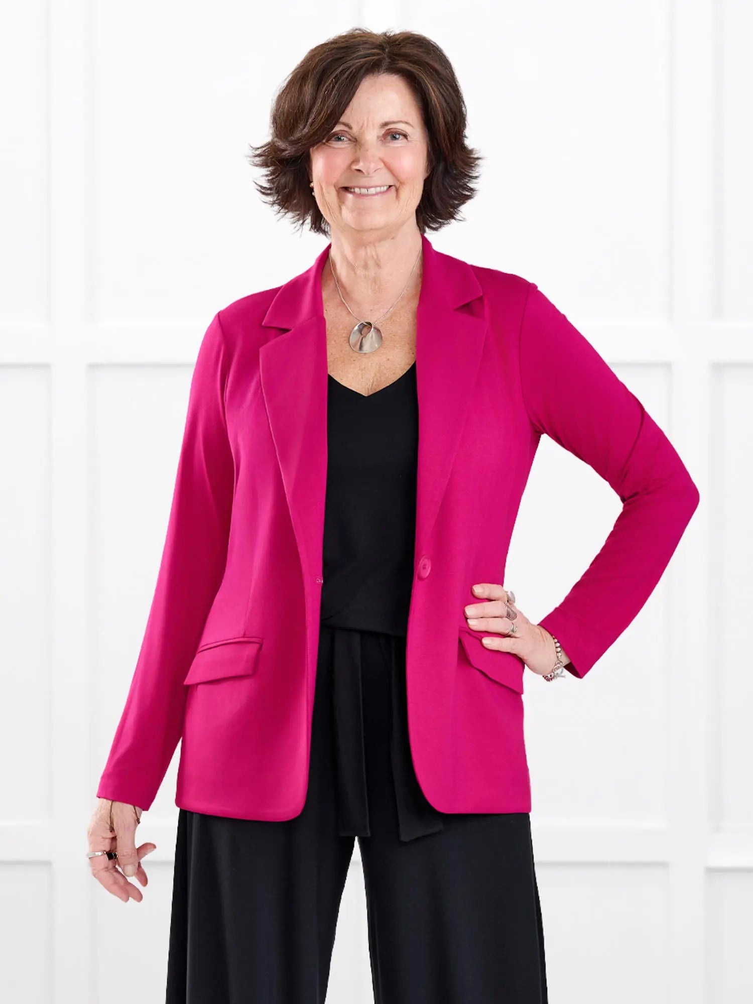 Danica lightweight tailored blazer for women in Dragon fruit on model Donna, size S Regular @Donna-S-regular 