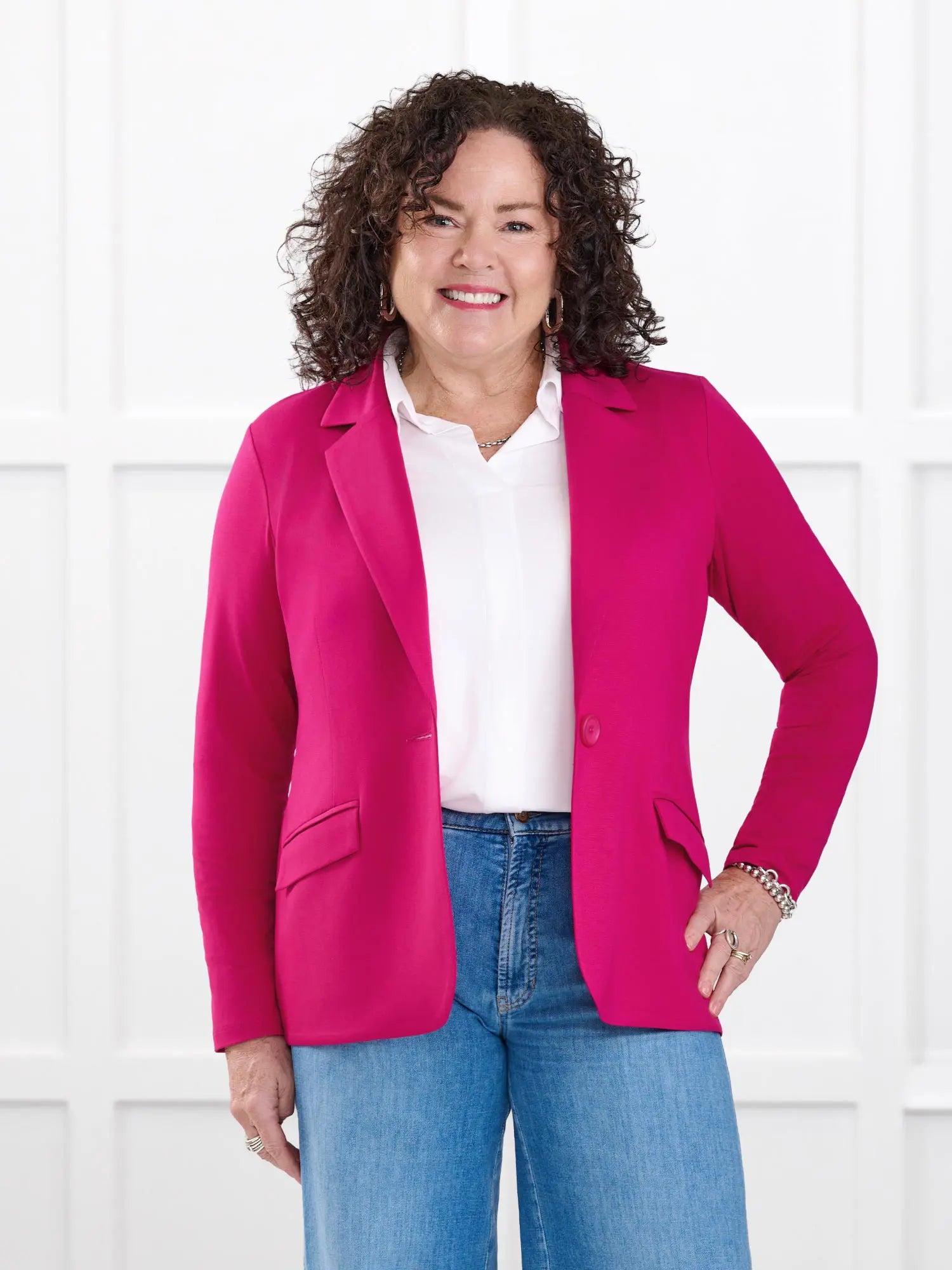 Danica lightweight tailored blazer for women in Dragon fruit on model Kerri, size M Petite @Kerri-M-petite 