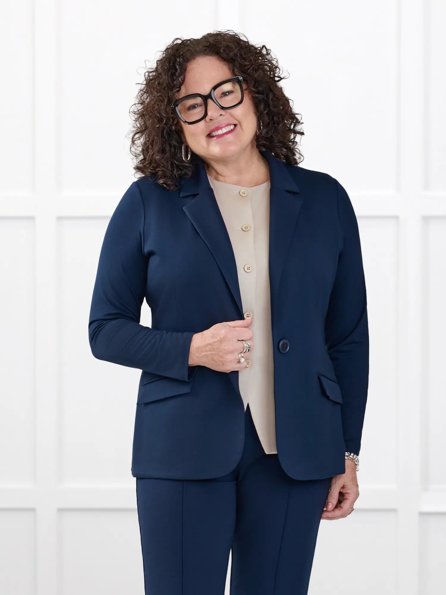 Danica lightweight tailored blazer for women in Navy on model Kerri, size M Petite @Kerri-M-petite 