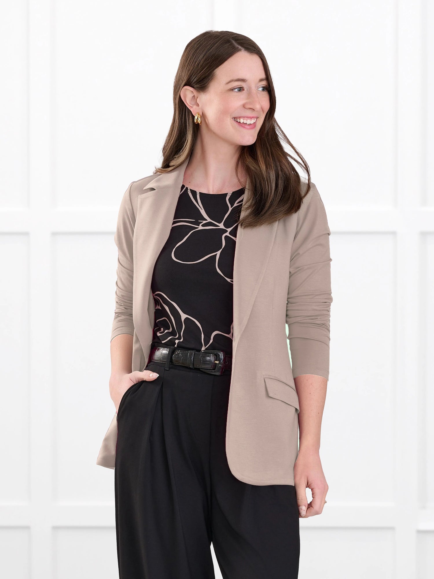 Danica lightweight tailored blazer for women in Portobello on model Jo, size XS Regular @Jo-XS-regular 