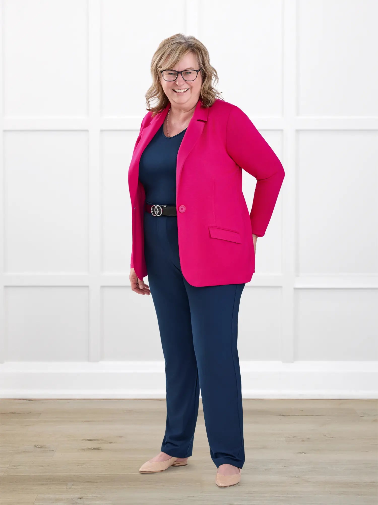 Danica lightweight tailored blazer for women in Dragon fruit on model Deb, size XL Regular @Deb-XL-regular 