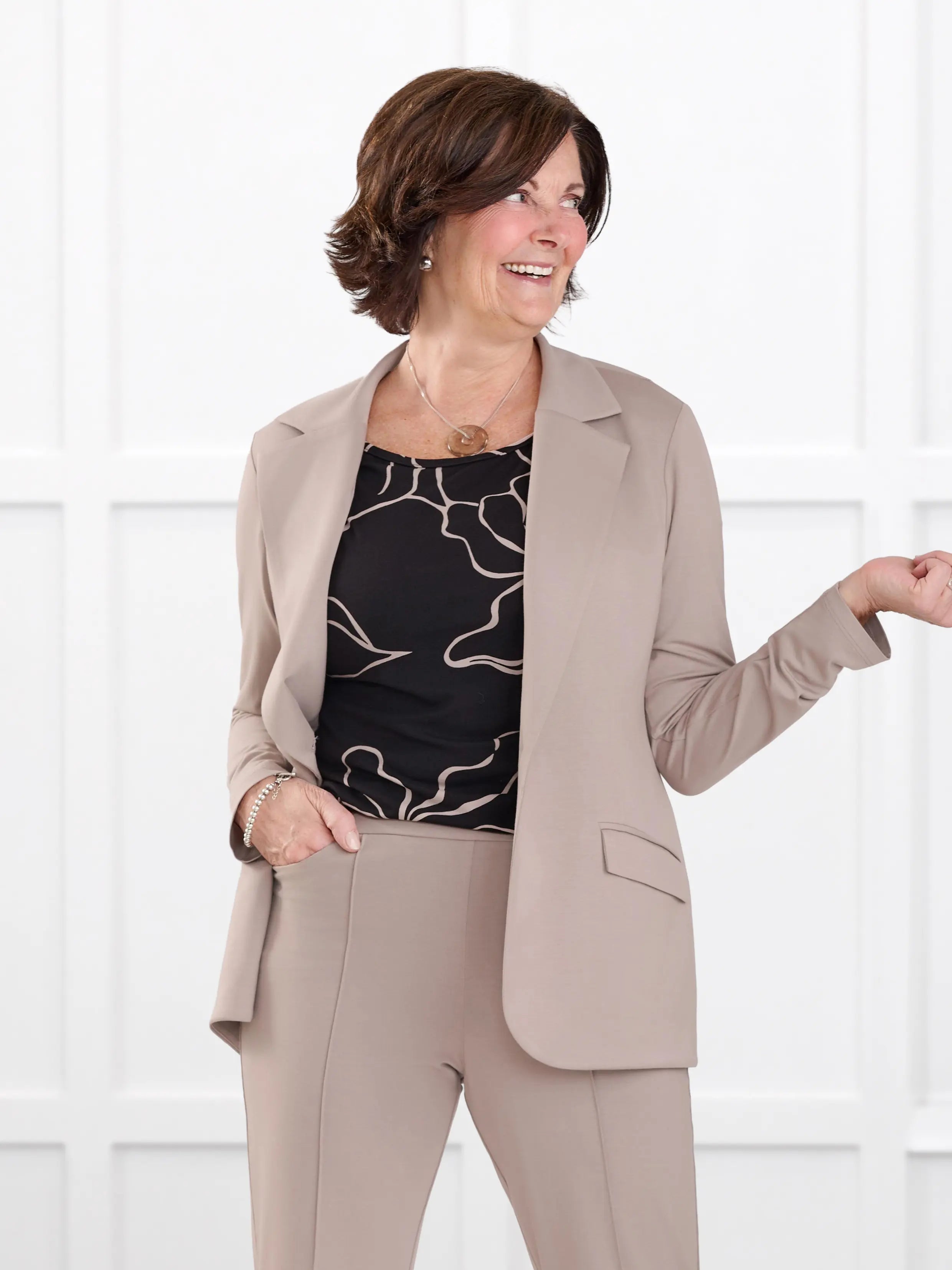 Danica lightweight tailored blazer for women in Portobello on model Donna, size S Regular @Donna-S-regular 