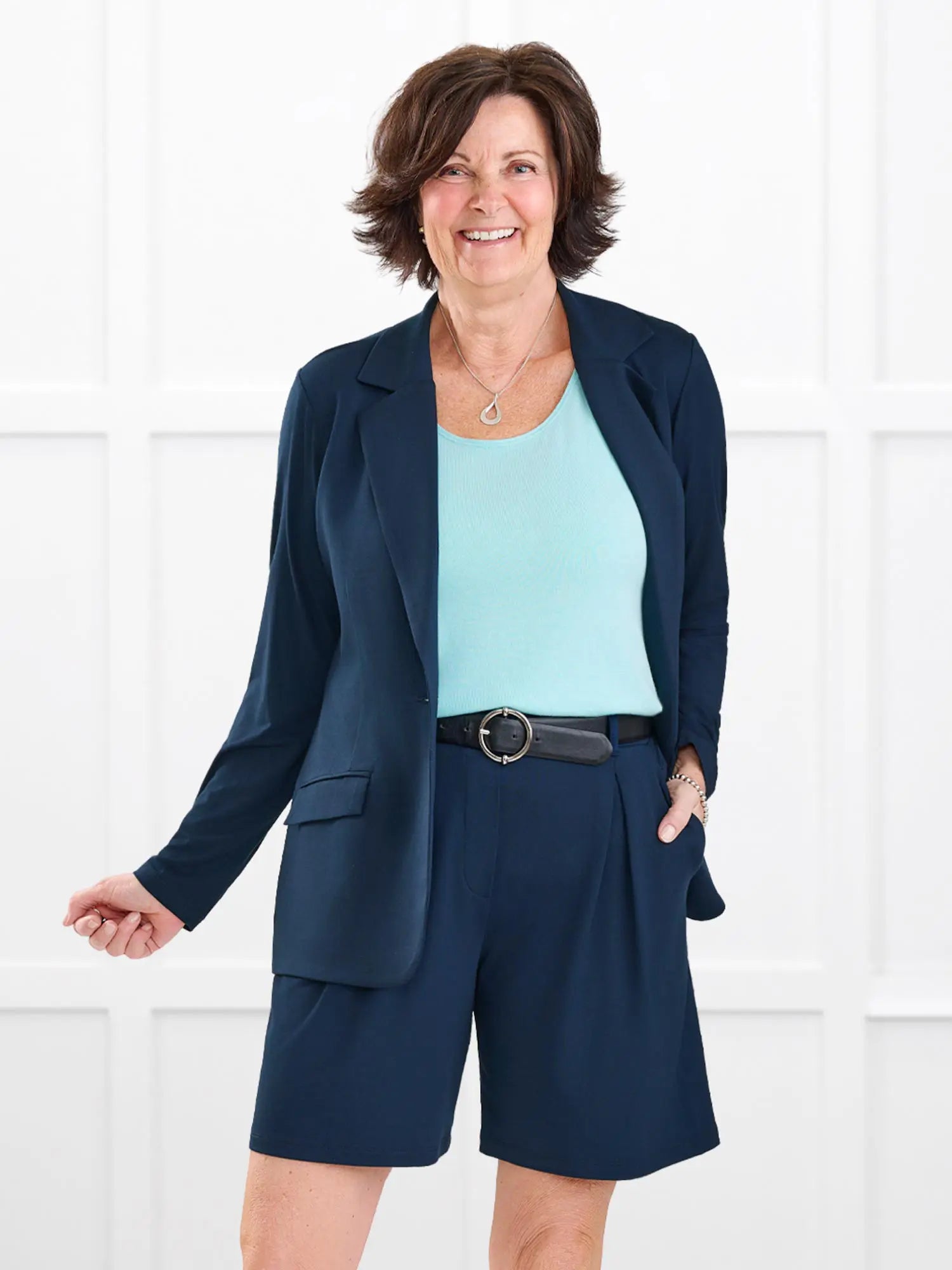 Danica lightweight tailored blazer for women in Navy on model Donna, size S Regular @Donna-S-regular 