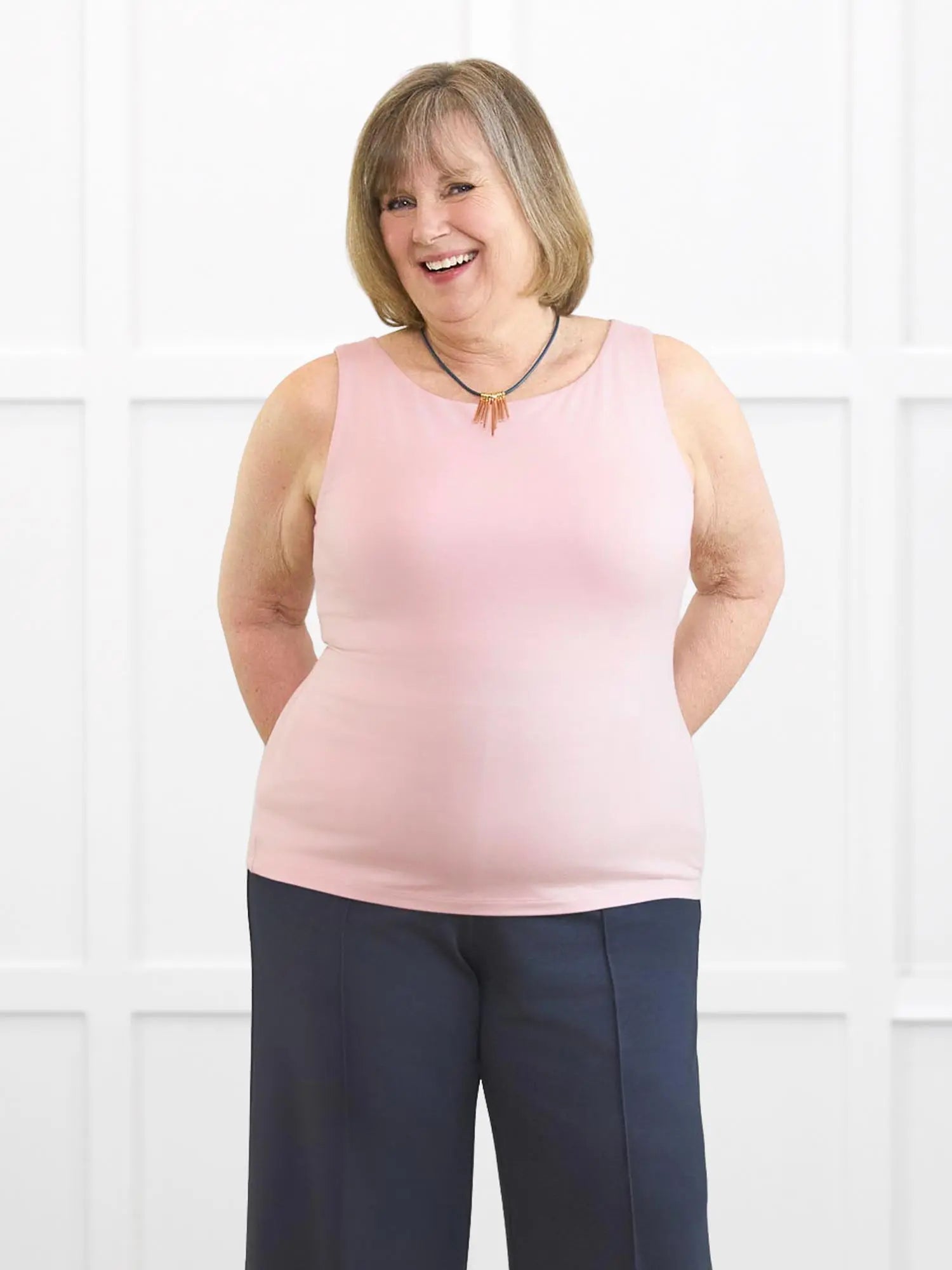 Darla boatneck tank top for women in Ballet pink on model Laurie, size XL @Laurie-XL 
