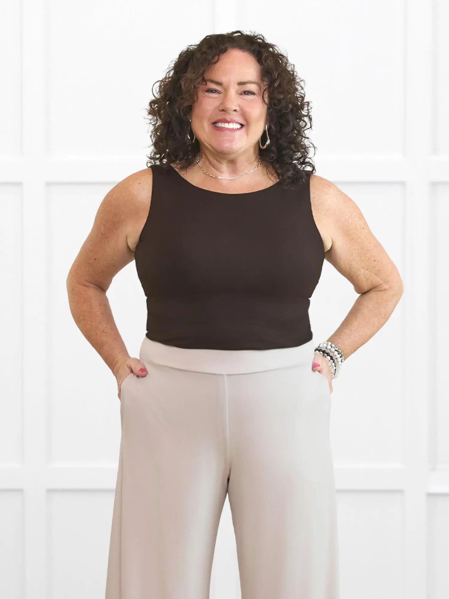 Darla boatneck tank top for women in Dark chocolate on model Kerri, size M @Kerri-M 