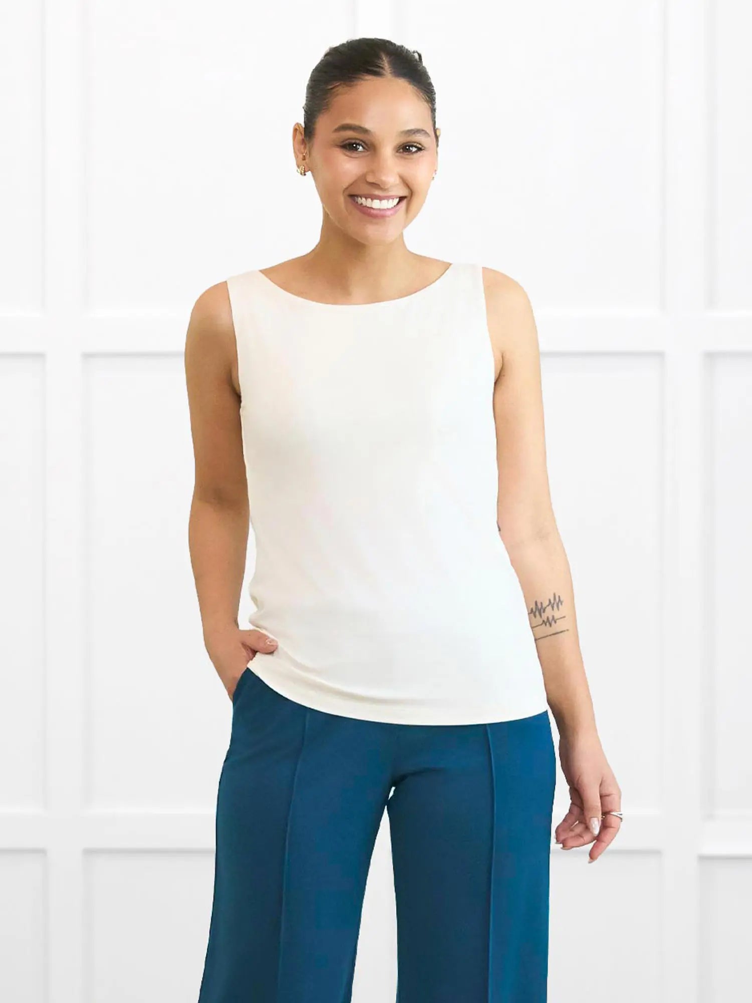 Darla boatneck tank top for women in Natural on model Meron, size XS @Meron-XS 