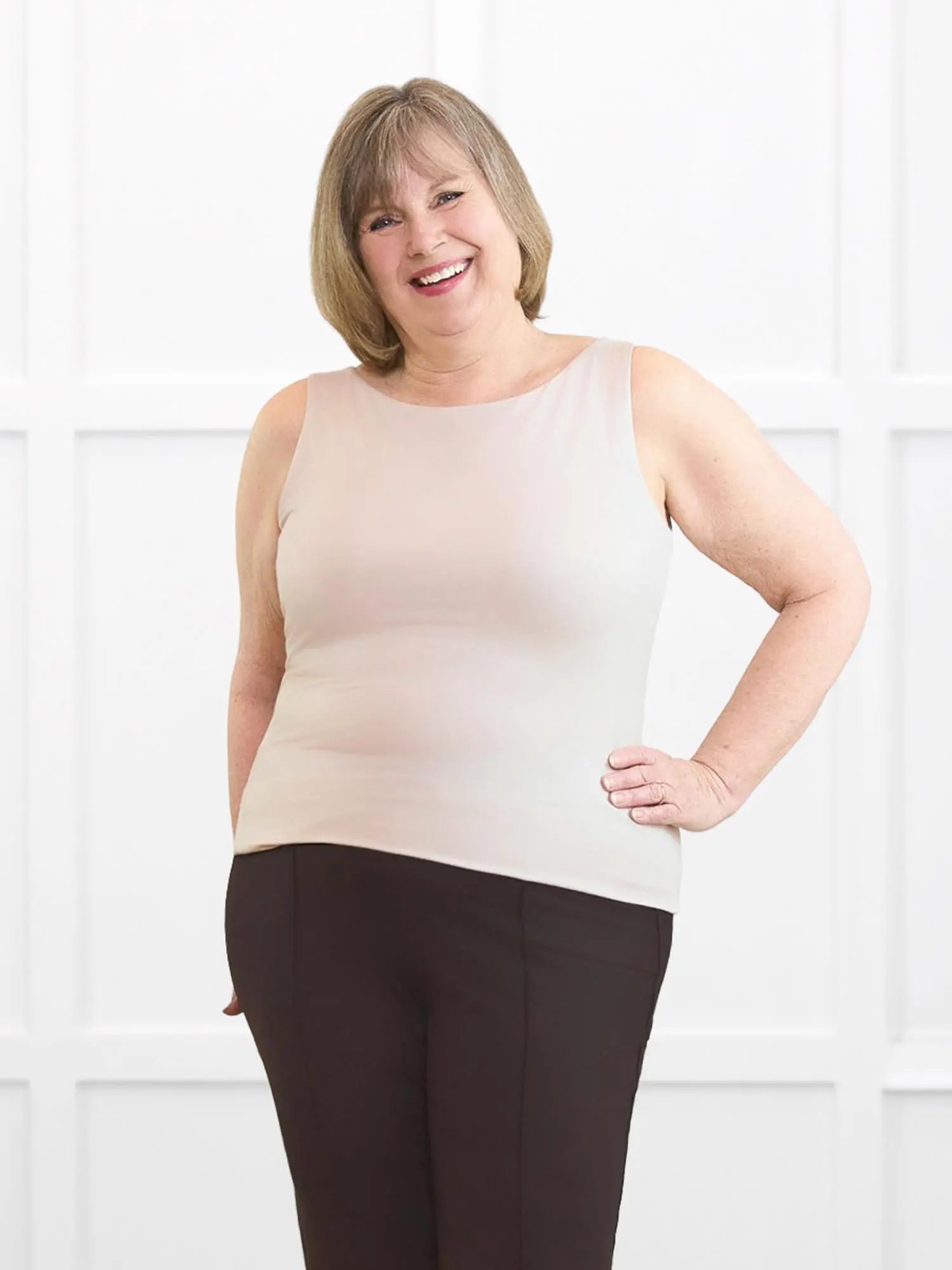 Darla boatneck tank top for women in Sandstone on model Laurie, size XL @Laurie-XL 