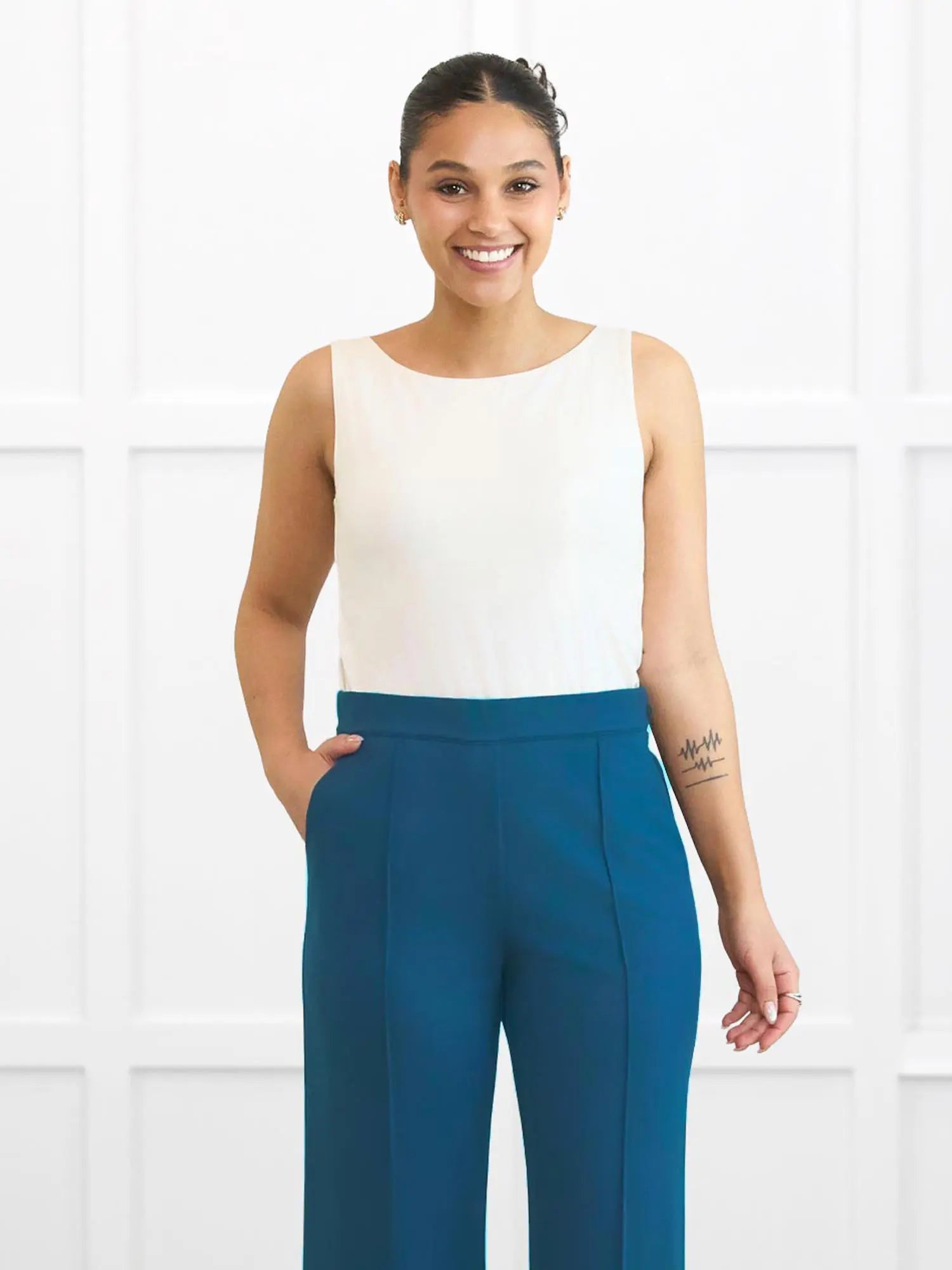 Darla boatneck tank top for women in Natural on model Meron, size XS @Meron-XS 