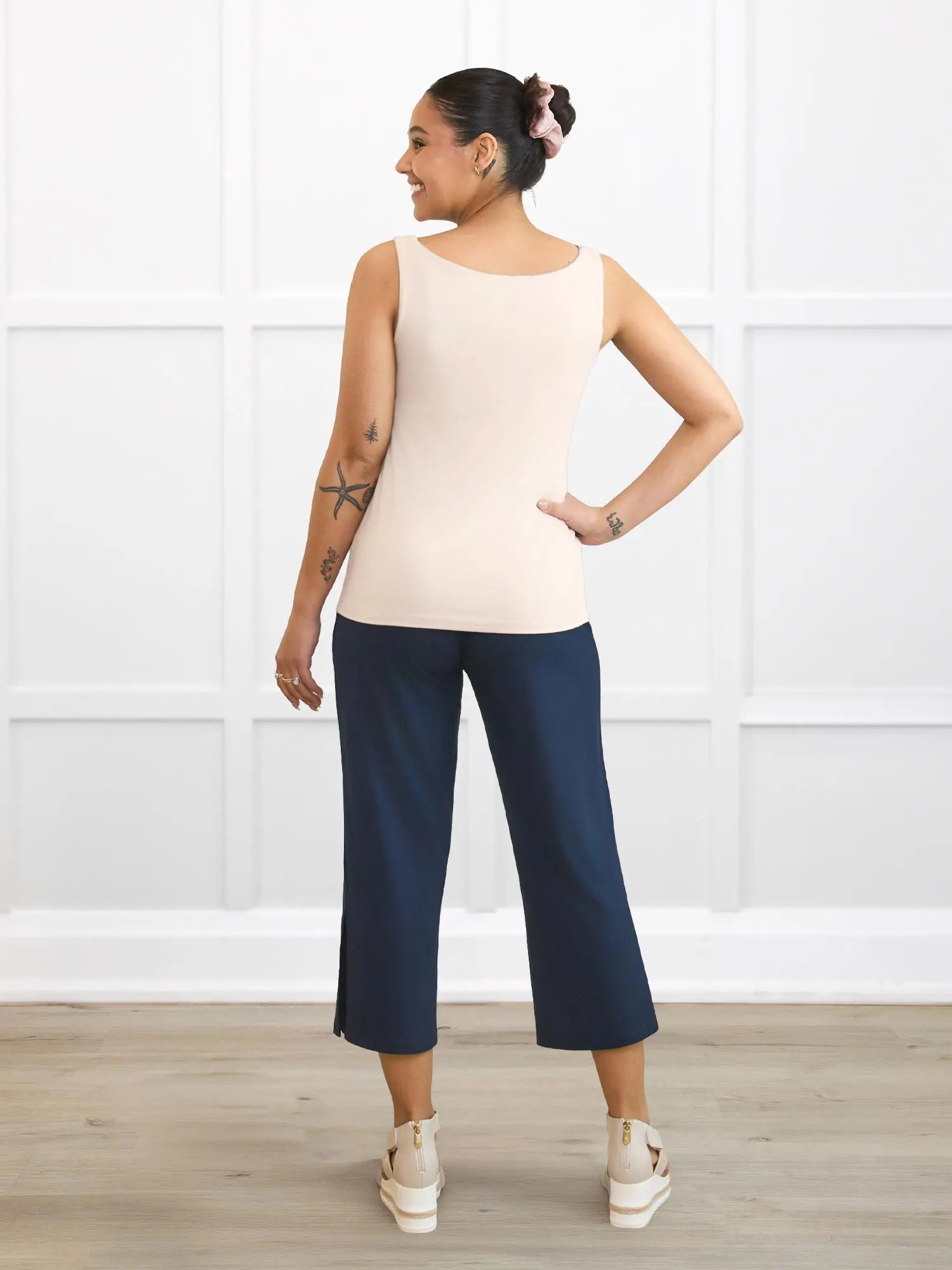 Darla boatneck tank top for women in Sandstone on model Meron, size XS @Meron-XS 