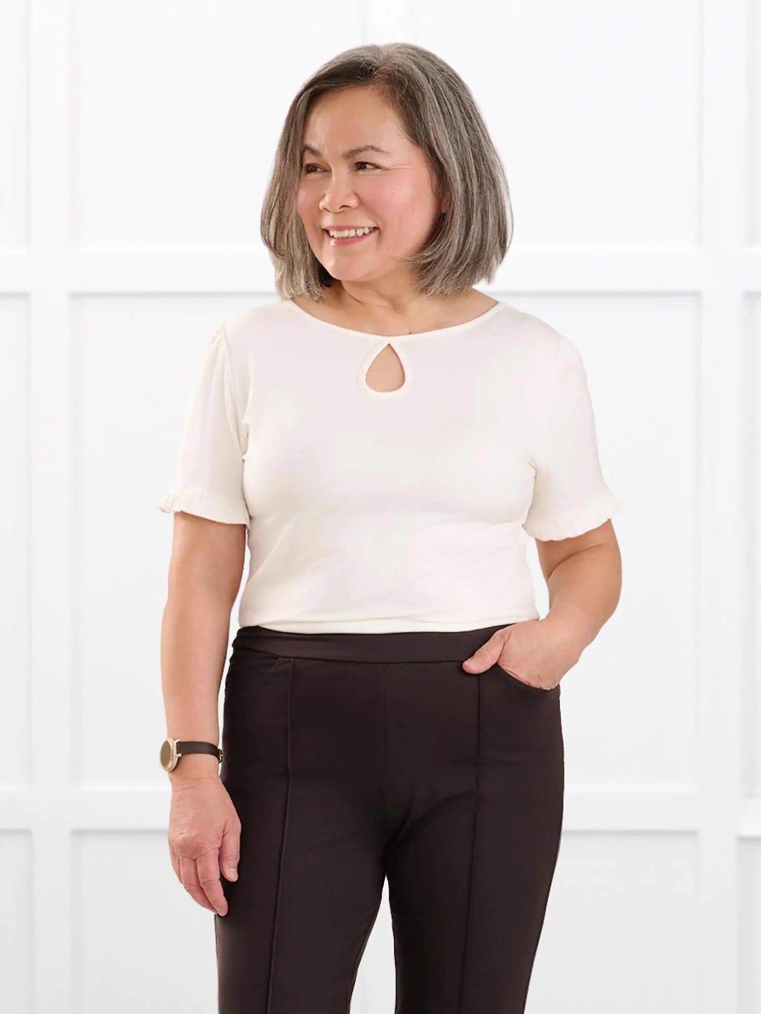 Darlene reversible neckline ruffle sleeve top for women in Natural on model Terry, size S @Terry-S 
